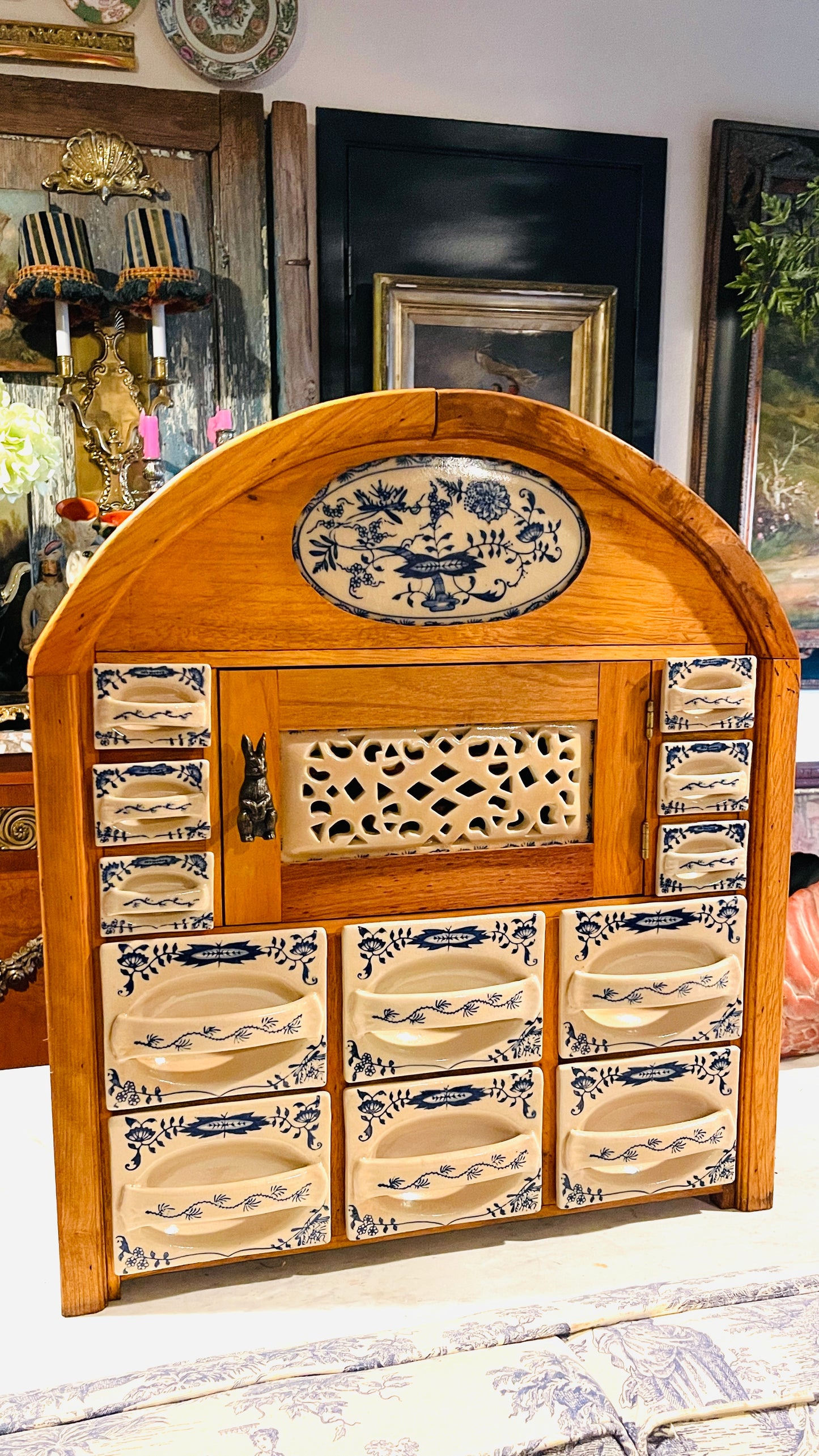 Early 20th-Century European Blue & White Ceramic Drawer Spice Cabinet | Blue Onion Style