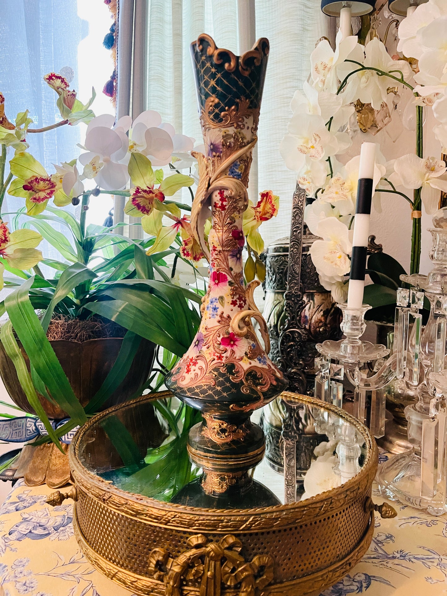 Antique French Hand-Painted Porcelain Vase with Gilt Accents & Rococo Flourishes