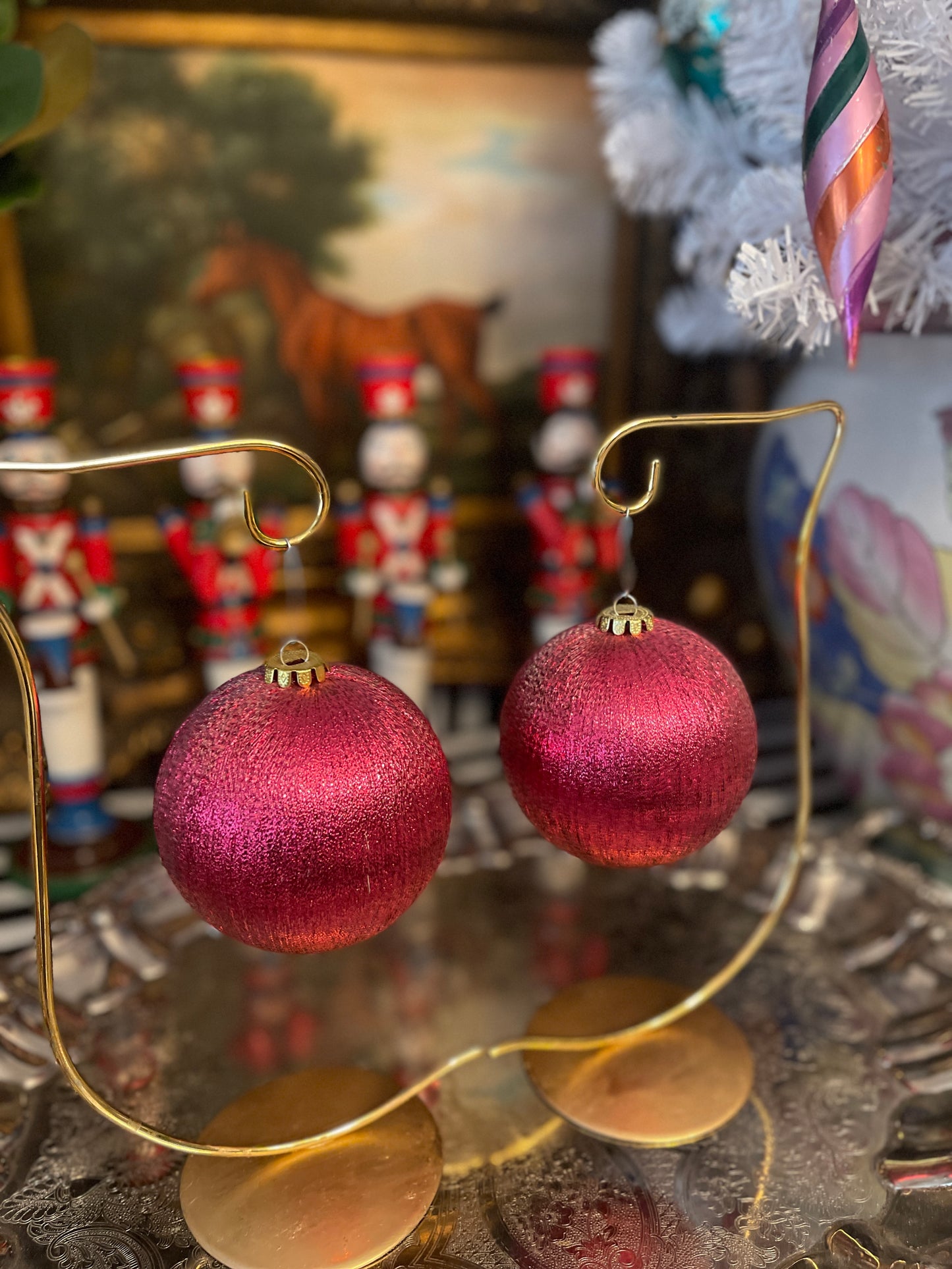 Large Vibrant Metallic Pink String Ornament Pair, Vintage String Ornaments