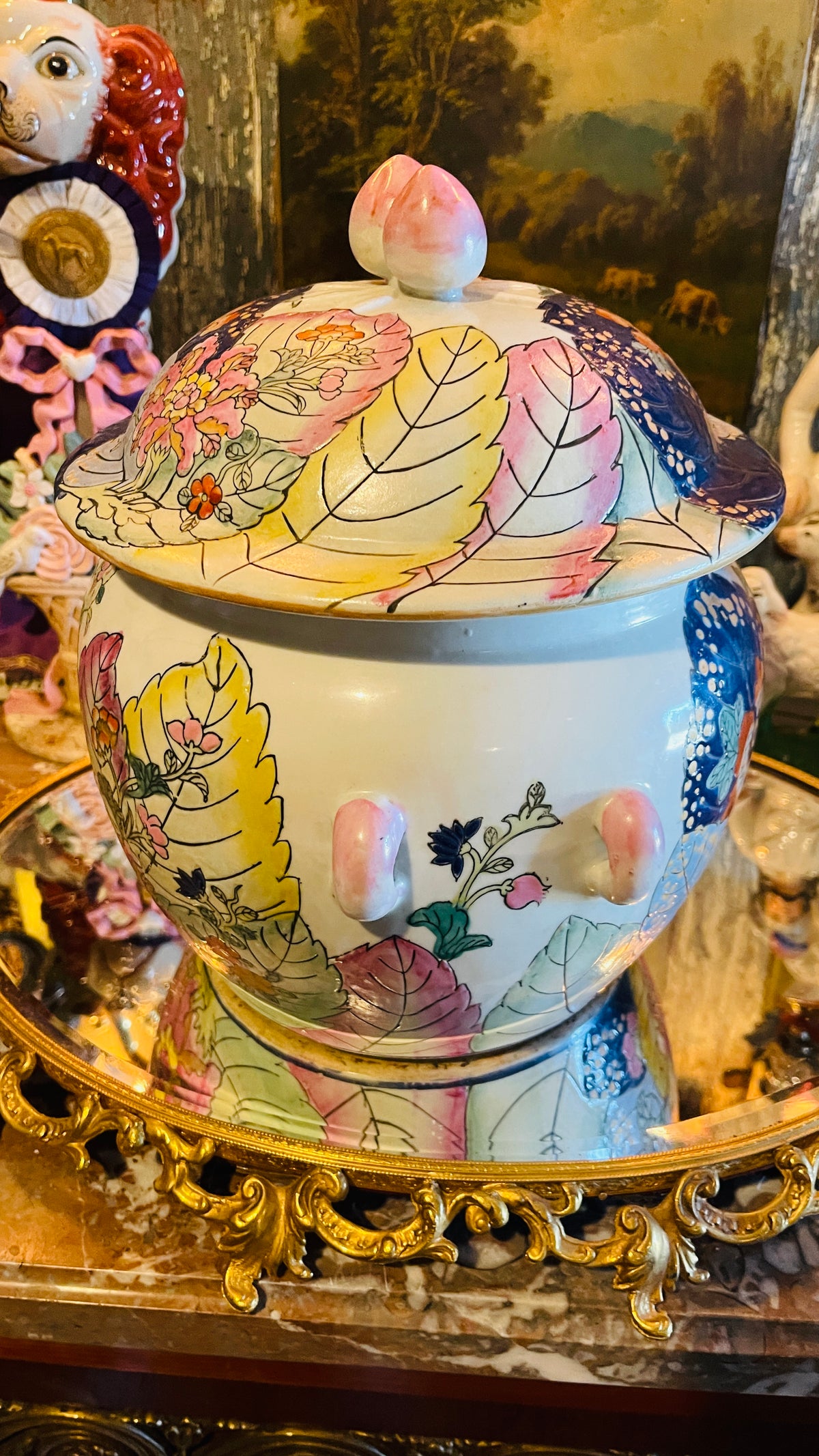 Vintage Tobacco Leaf Covered Jar with Peach Finial & Pink Handles | 11” Tall