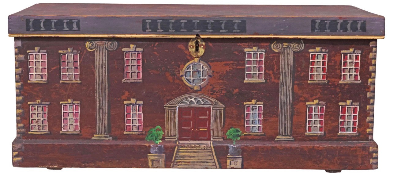 ENGLISH PAINT-DECORATED HOUSE FACADE PINE BLANKET BOX / STORAGE CHEST