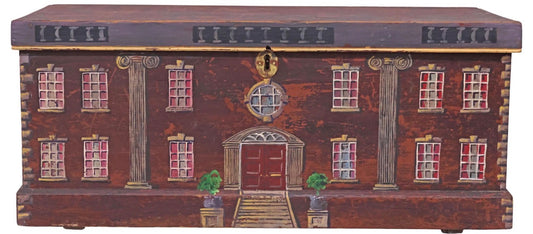 ENGLISH PAINT-DECORATED HOUSE FACADE PINE BLANKET BOX / STORAGE CHEST