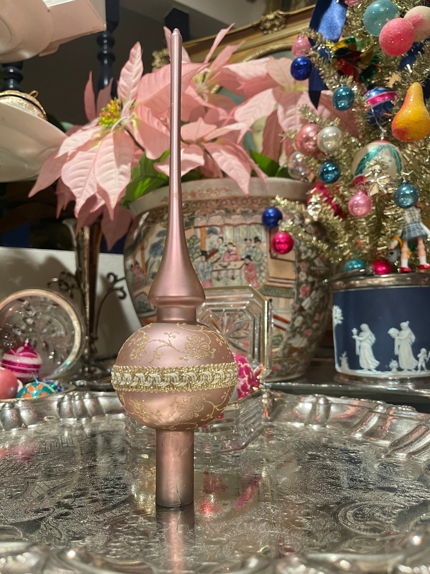 Vintage Pink-y with Gold Christmas Tree Topper, Blown Glass