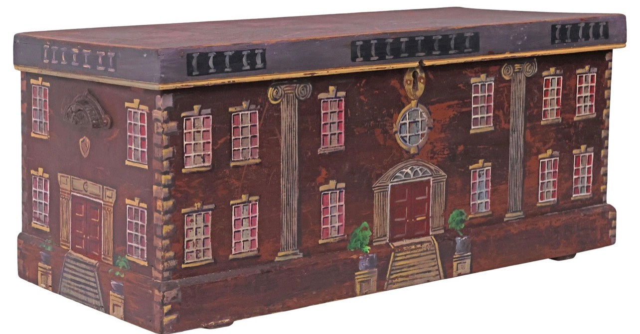 ENGLISH PAINT-DECORATED HOUSE FACADE PINE BLANKET BOX / STORAGE CHEST
