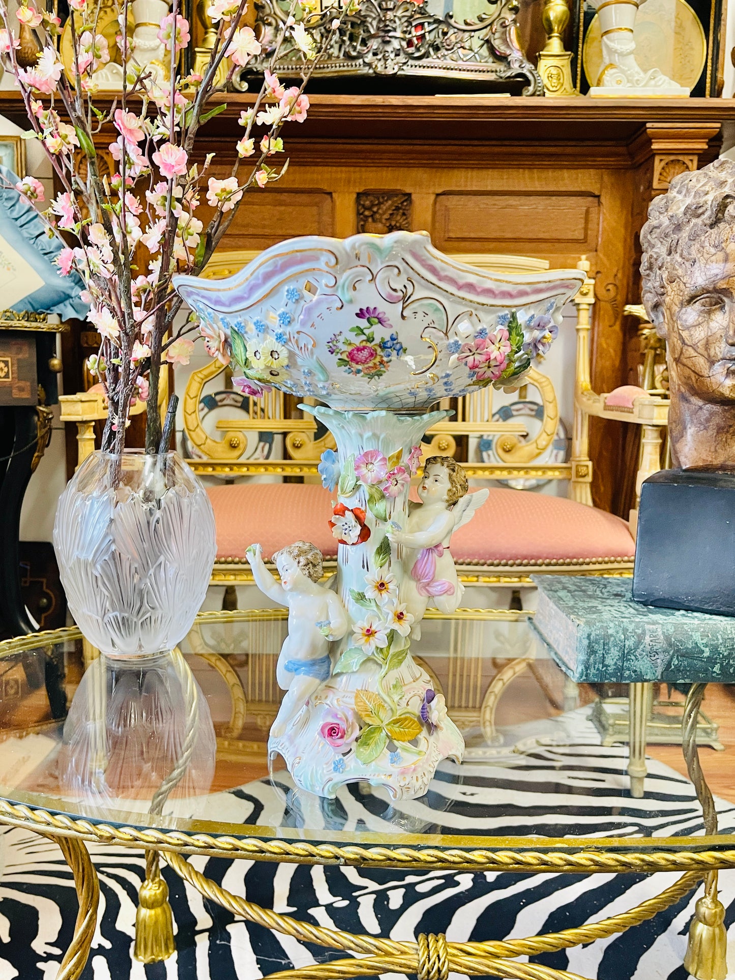 Antique Dresden Sitzendorf Figural Compote | 14” Rococo Cherub Centerpiece with Applied Flowers | c. 1900