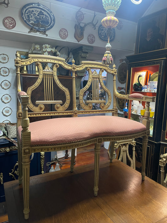 Antique Neoclassical Lyre Back Settee – Gilt Detailing & Blush Upholstery