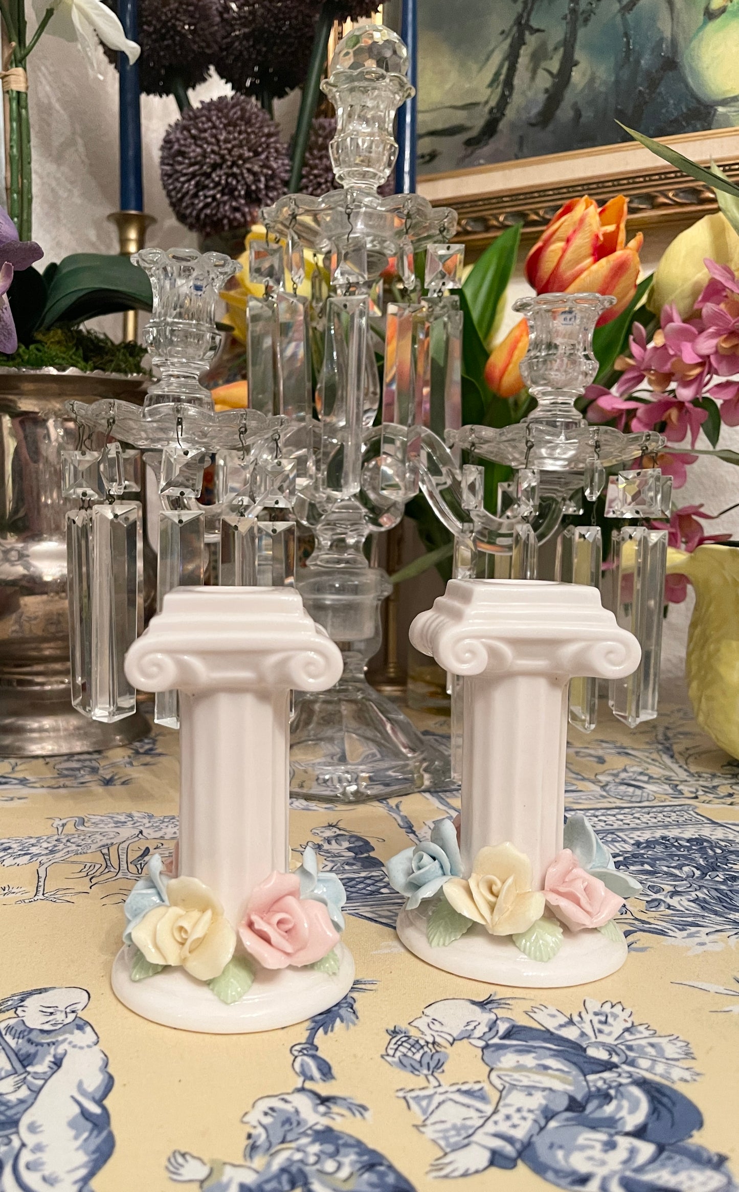 Vintage Neoclassical Corinthian Column Candlesticks with Roses, Pair, Made in Japan