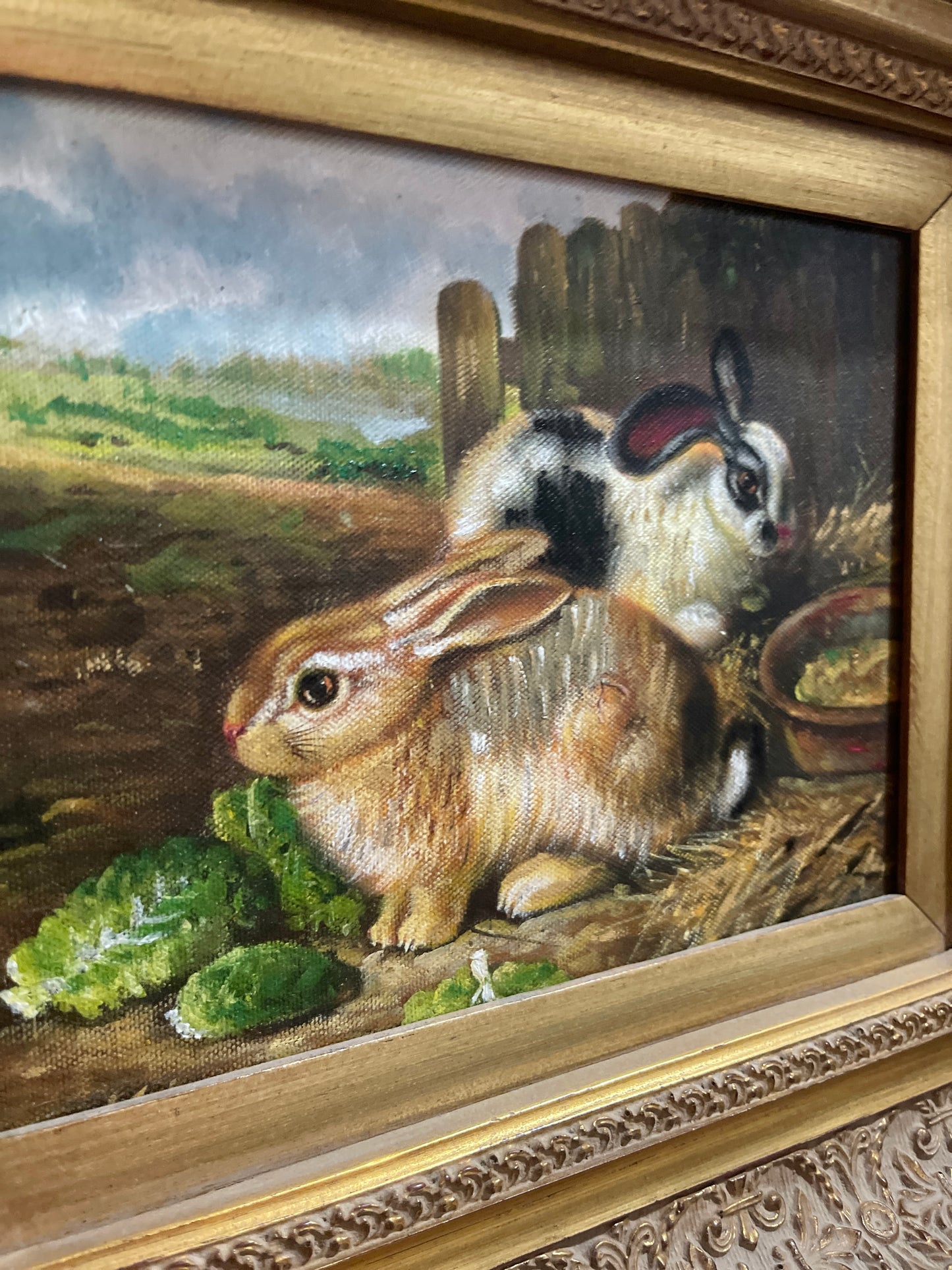 Estate Rabbit Oil Painting on Canvas, Vintage