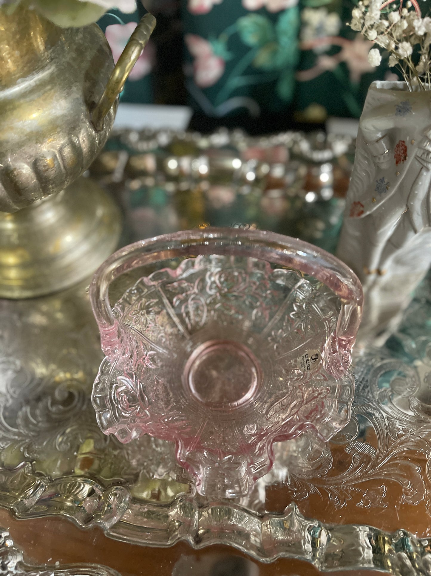 Pink Fenton Ruffled Edge Basket with Roses, Original Fenton Foil Seal, Vintage