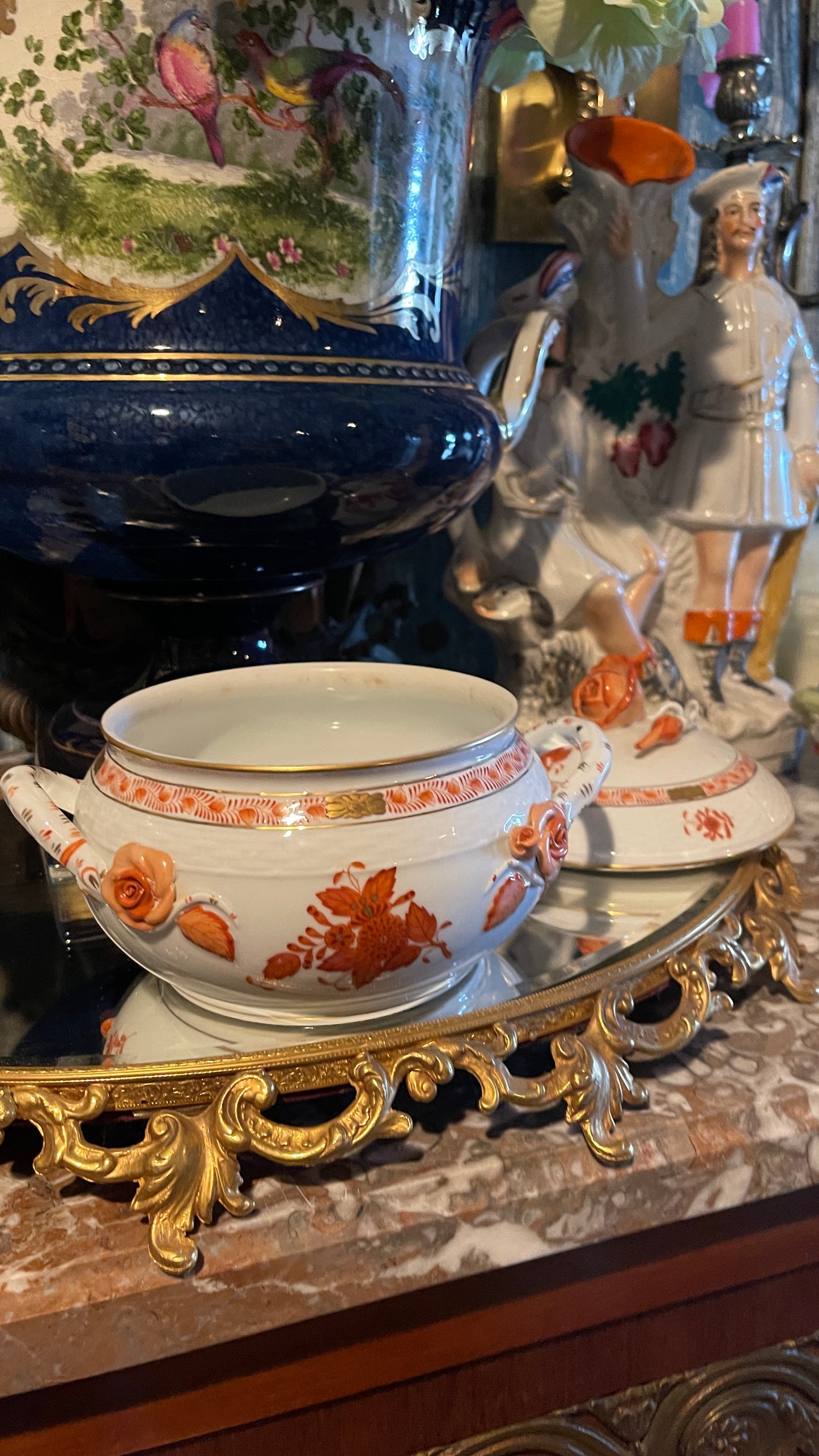 Vintage Herend Chinese Bouquet Rust Covered Bean Pot with Applied Roses | Hand-Painted Hungarian Porcelain