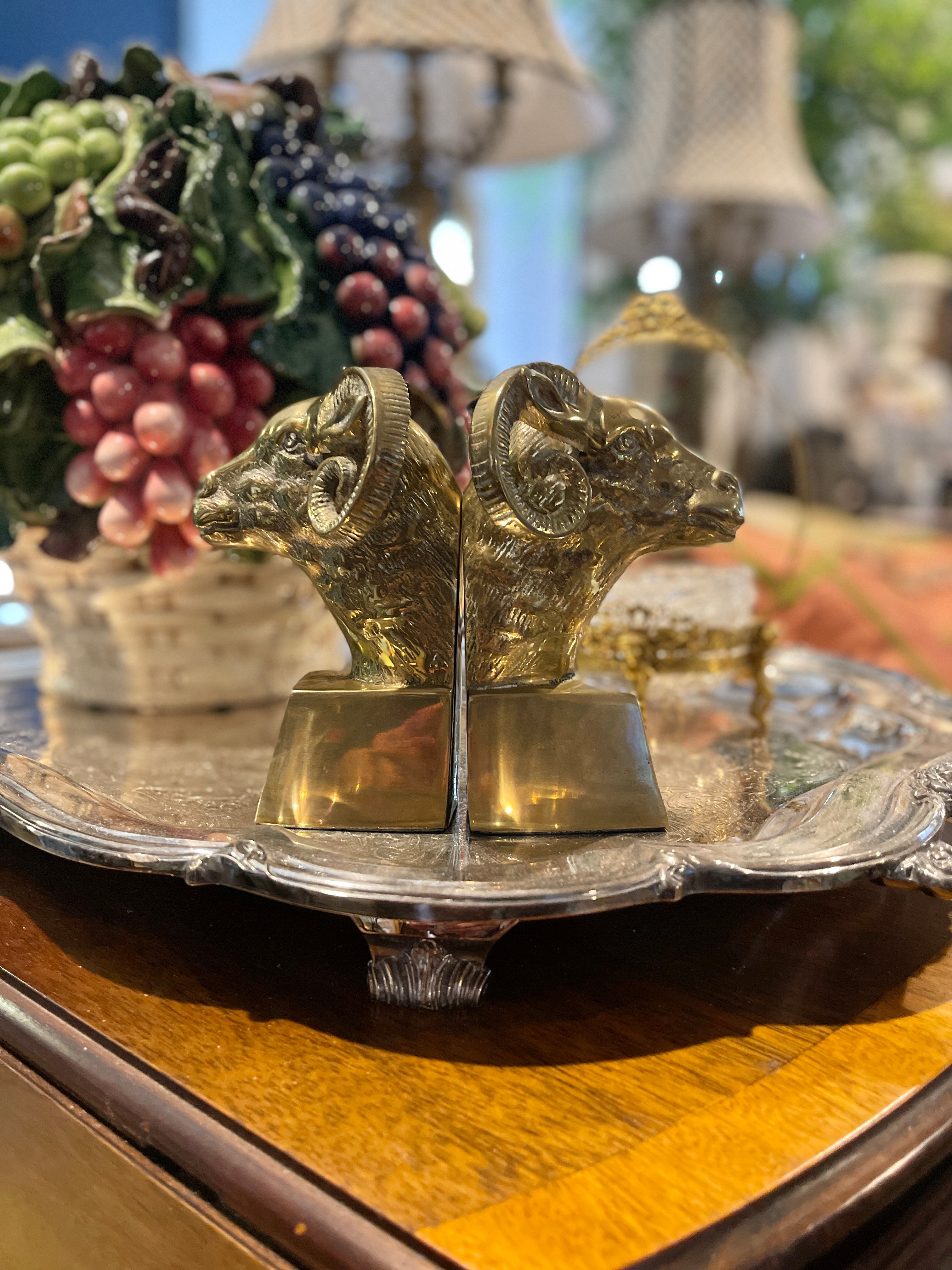 Vintage 1970s Pair of Large Brass outlets Rams Head Bookends