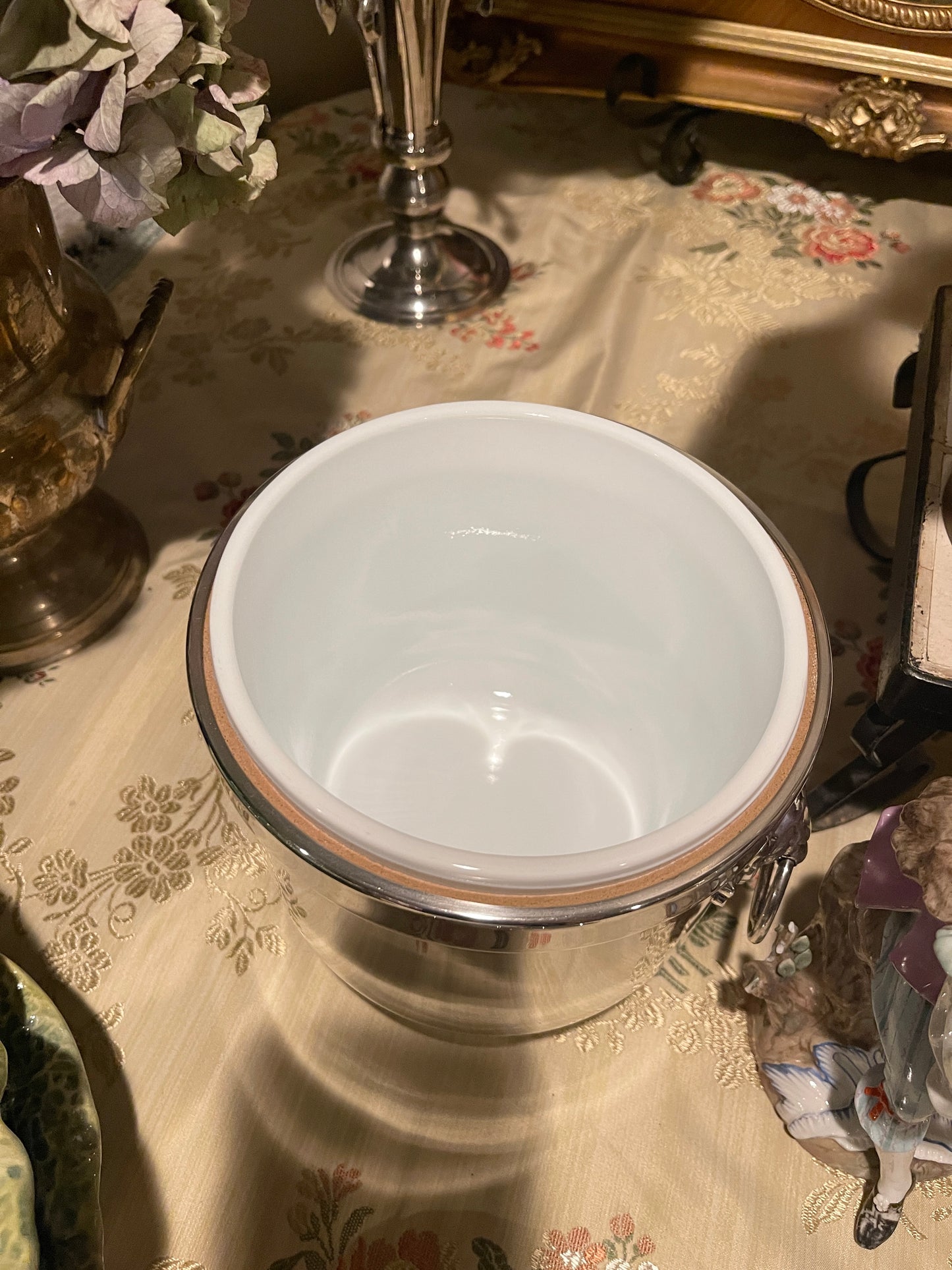 F.B. Rogers Silver Plate Ice Bucket with Lion Head and Ring Handles, Original Liner, C. 1950s