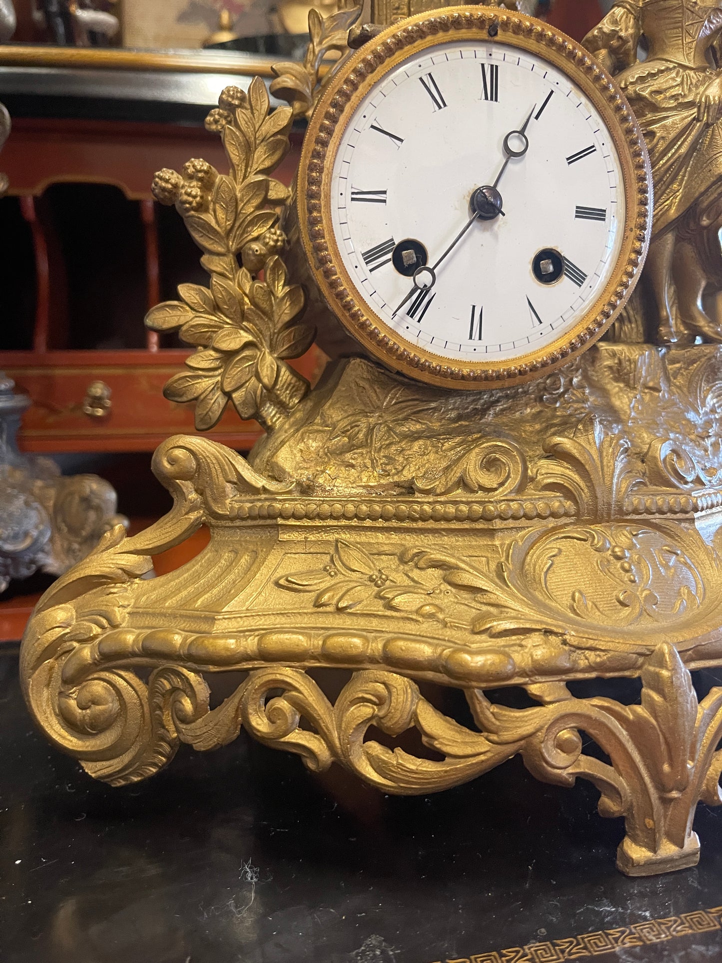 French Gilt Spelter Mantle Clock, 19th Century PH Mourey Figural Clock