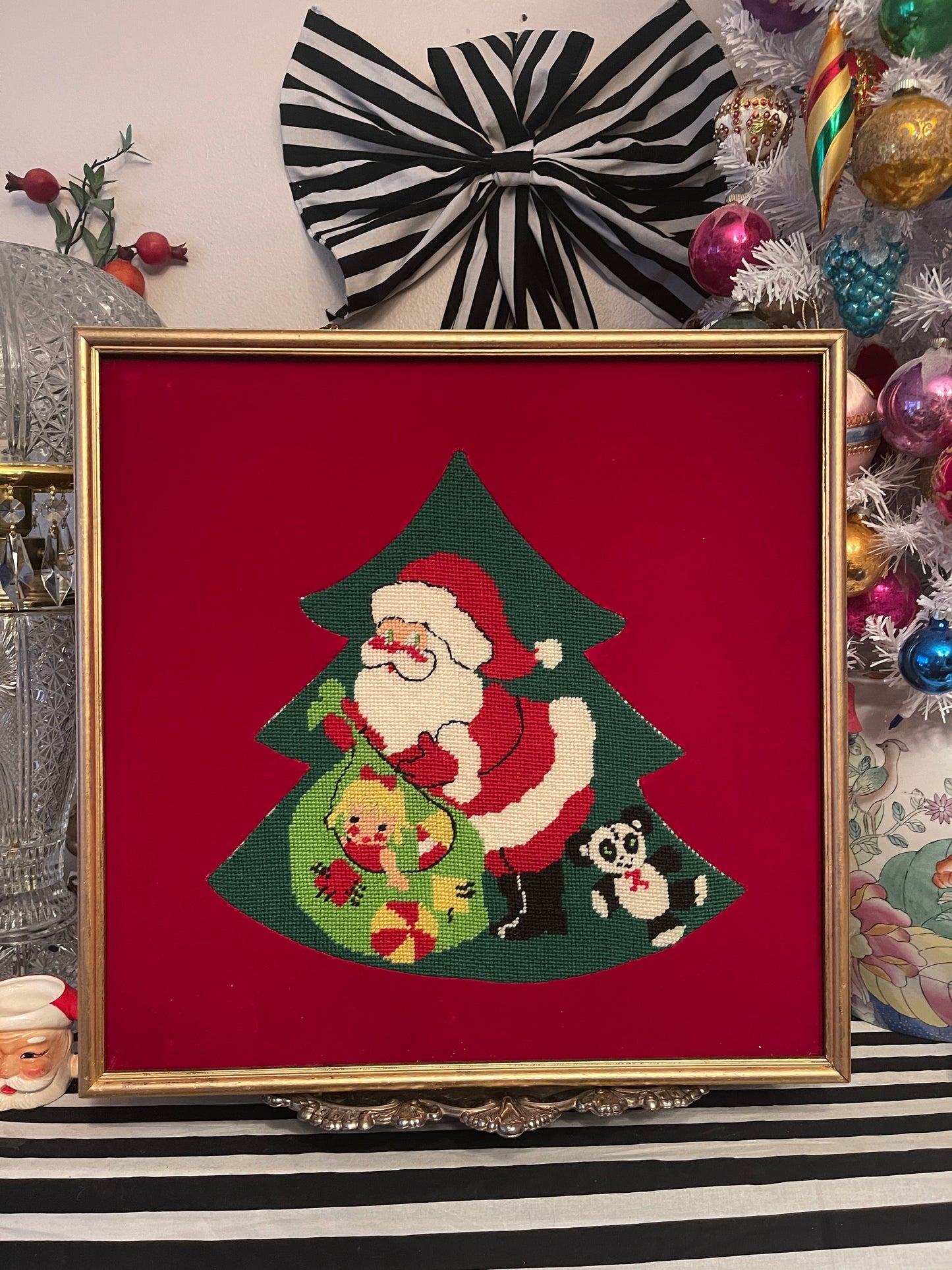 Santa with Toys and Christmas Tree Needlepoint on Velvet, Framed