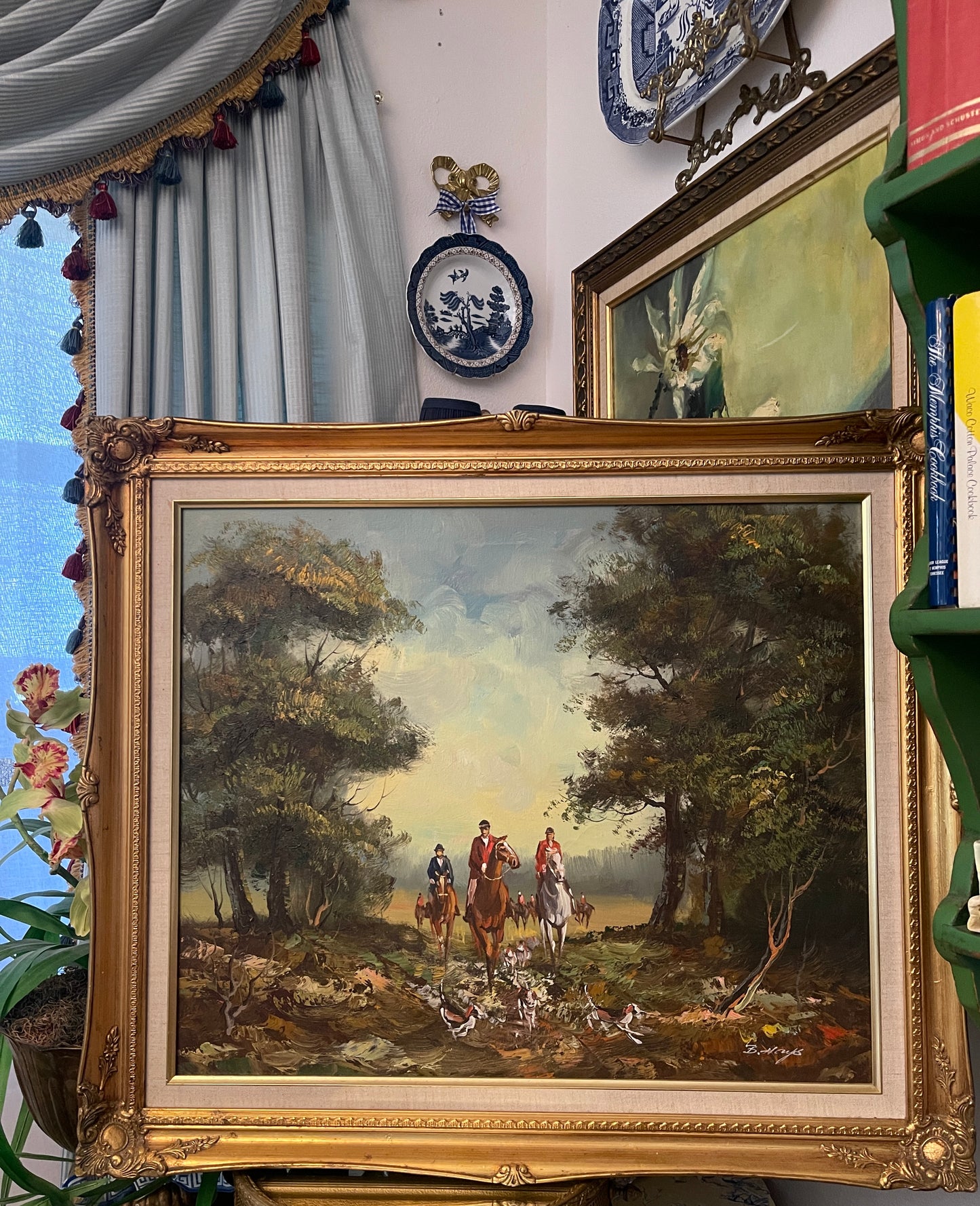 20th-Century Impressionist Hunt Scene, Equestrian Oil Painting in Ornate Gilt Frame, Artist Signed, Round Top Find