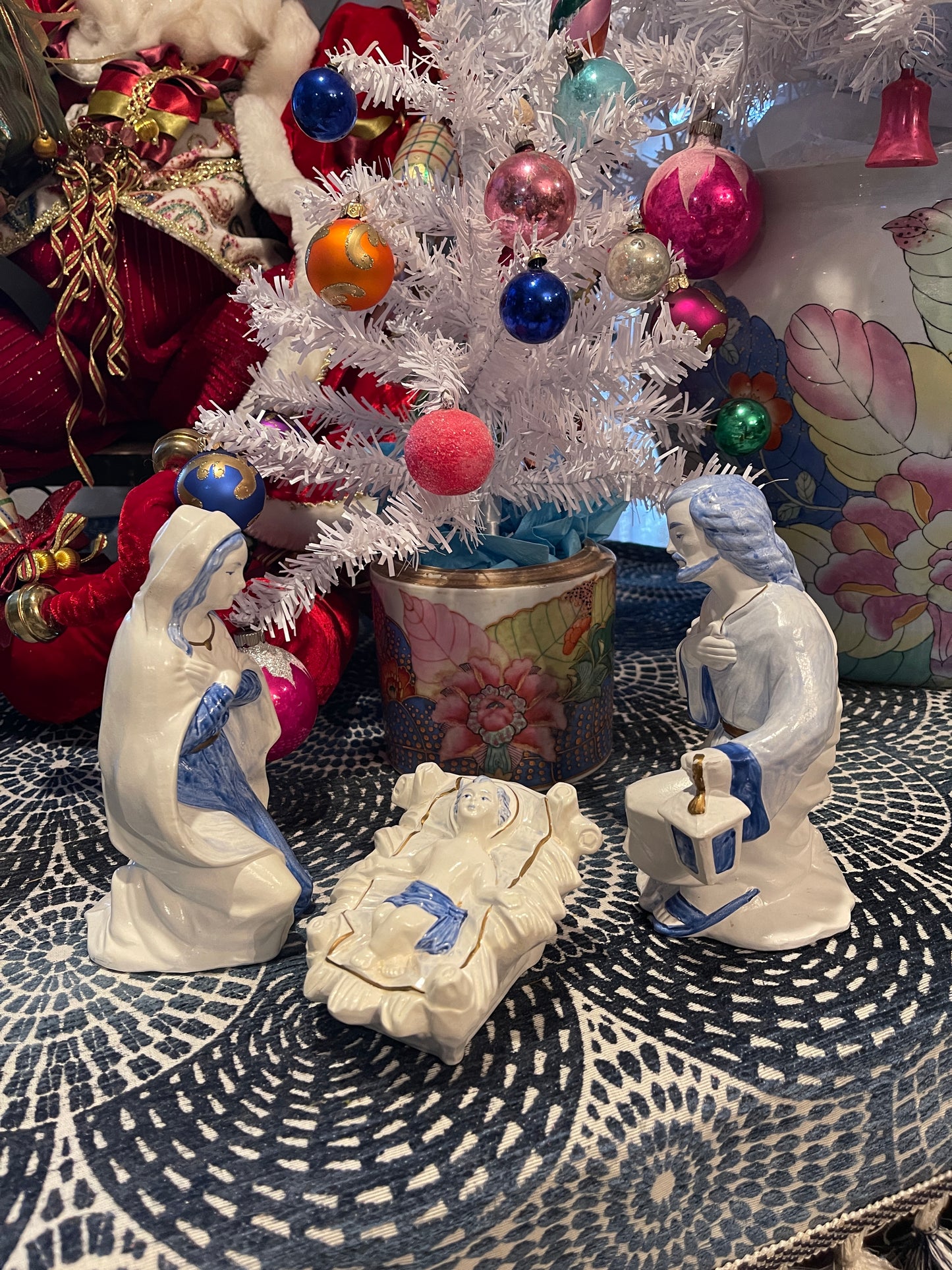 Vintage Paper Mache Holy Family, Blue and White with Gold Accents, Made in Japan