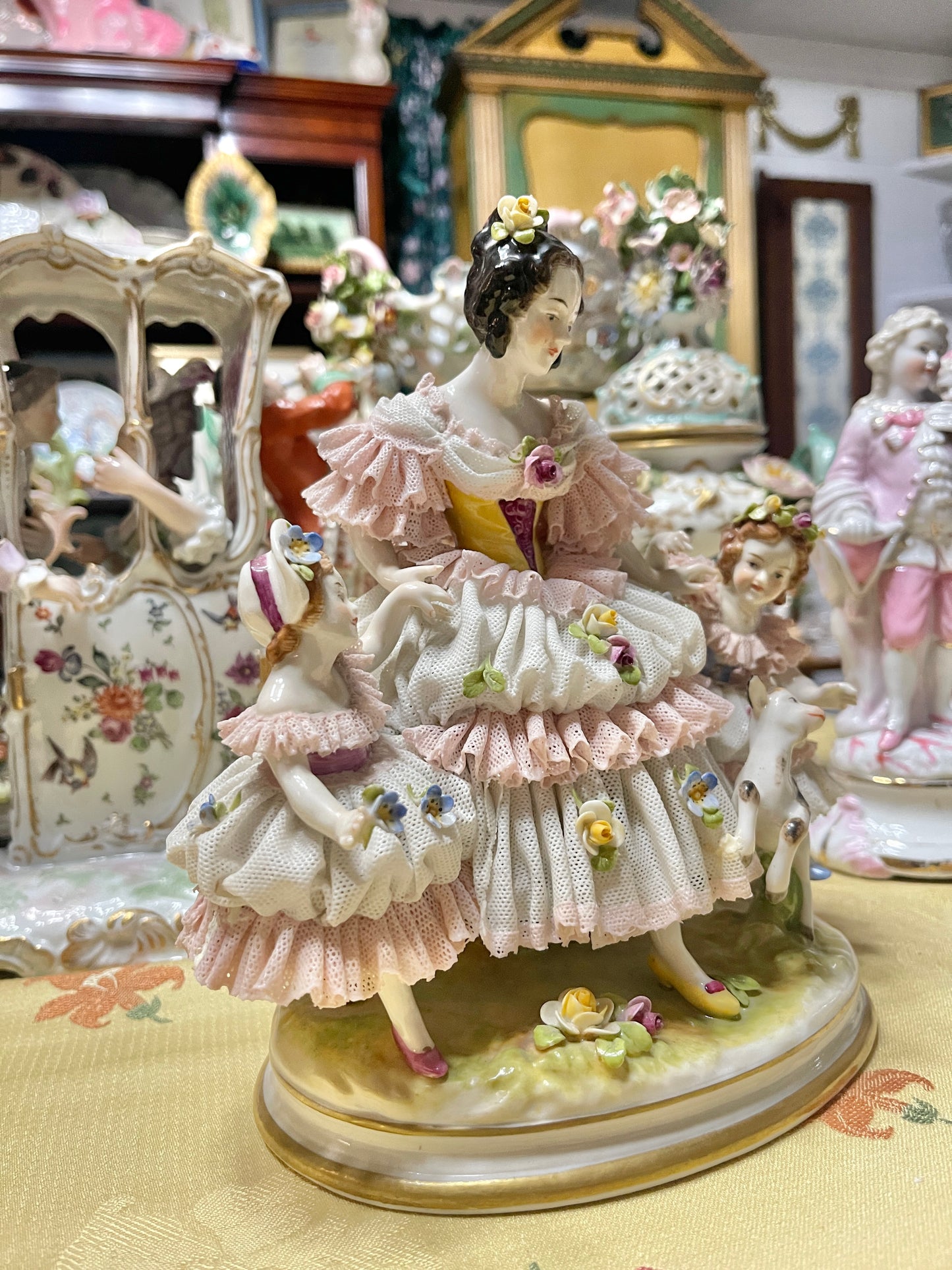 Antique Dresden Lace Porcelain Figurine Group | Mother & Daughters with Frolicking Goat | Pink & White Rococo Dress Scene