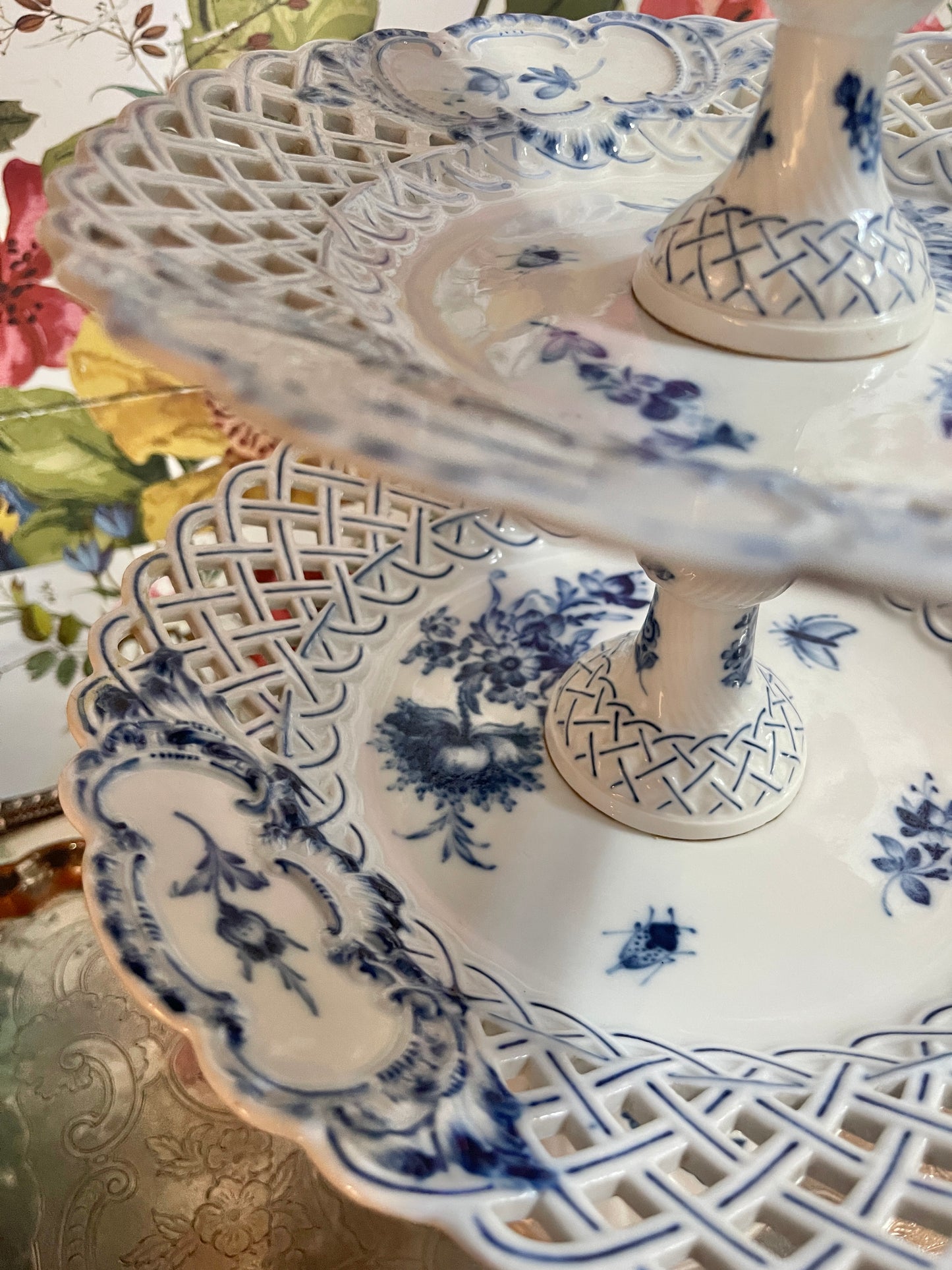 Antique Meissen Figural 3-Tier Blue & White Server with Lady Finial | Rare Porcelain Tiered Tray | 22” Tall