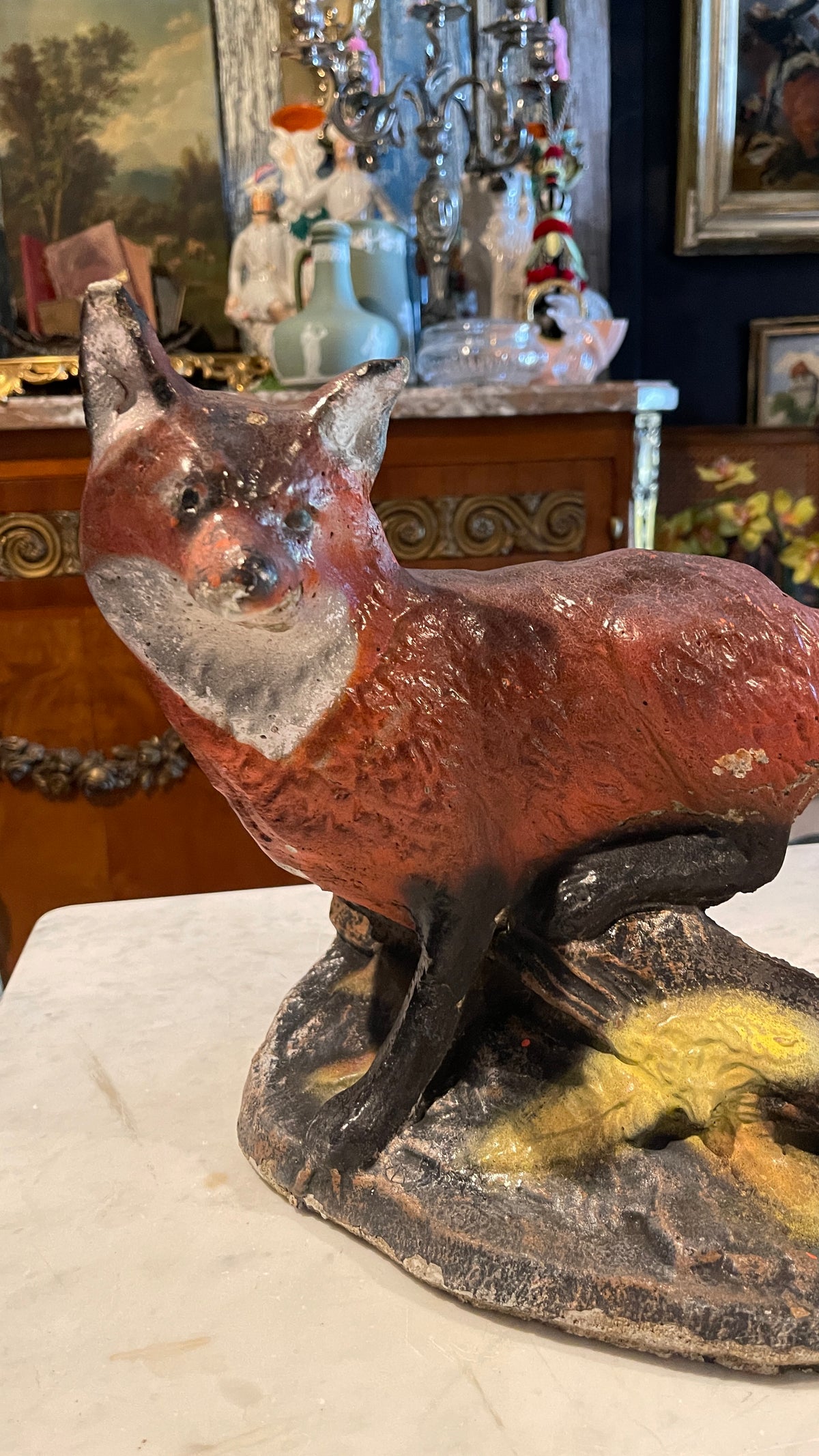 Chippy & Charming — Hand-Painted Cement Fox | 11” H × 14” L × 8” D