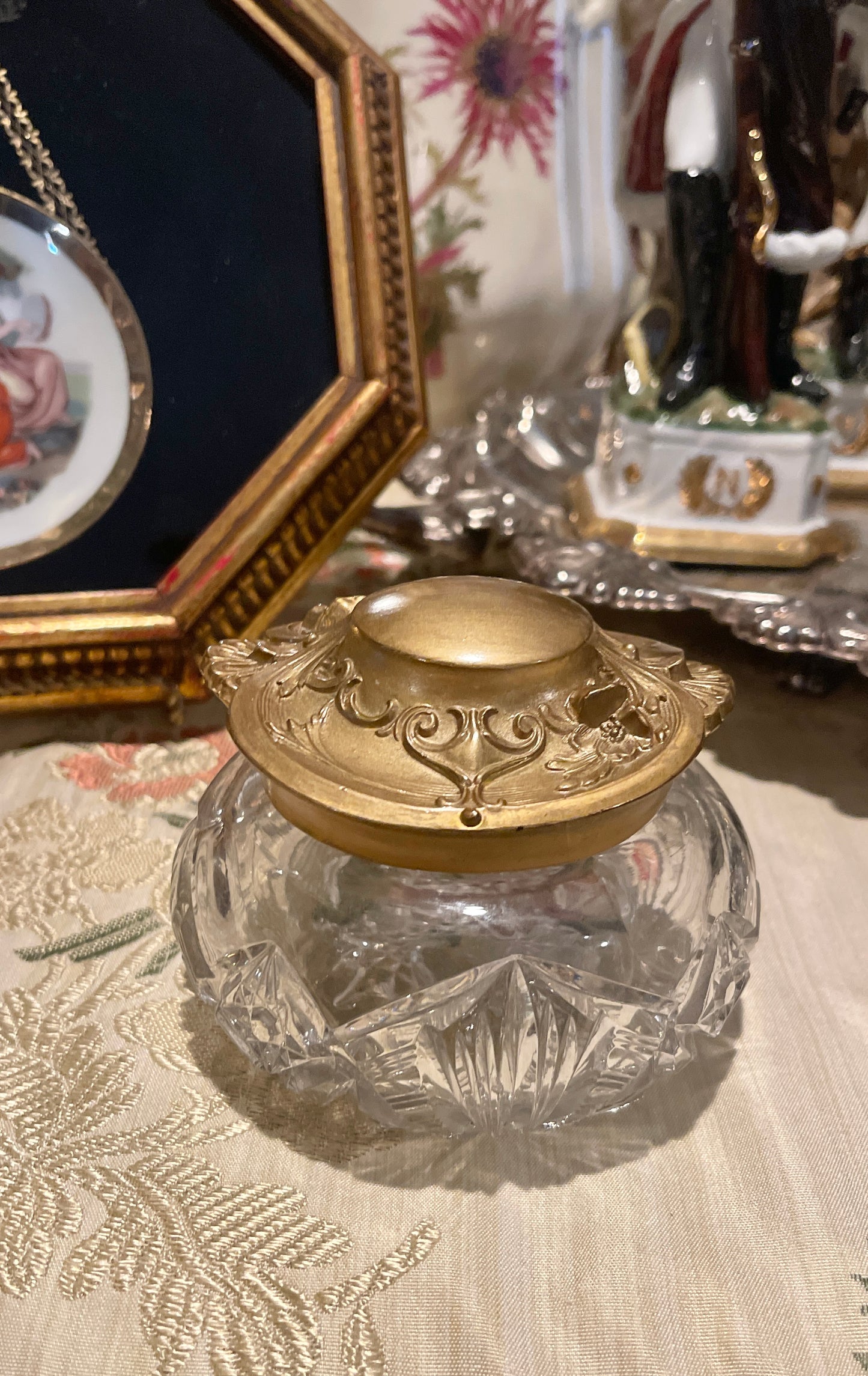 Cut Glass Powder Jar with Gold Tole Lid, Vintage