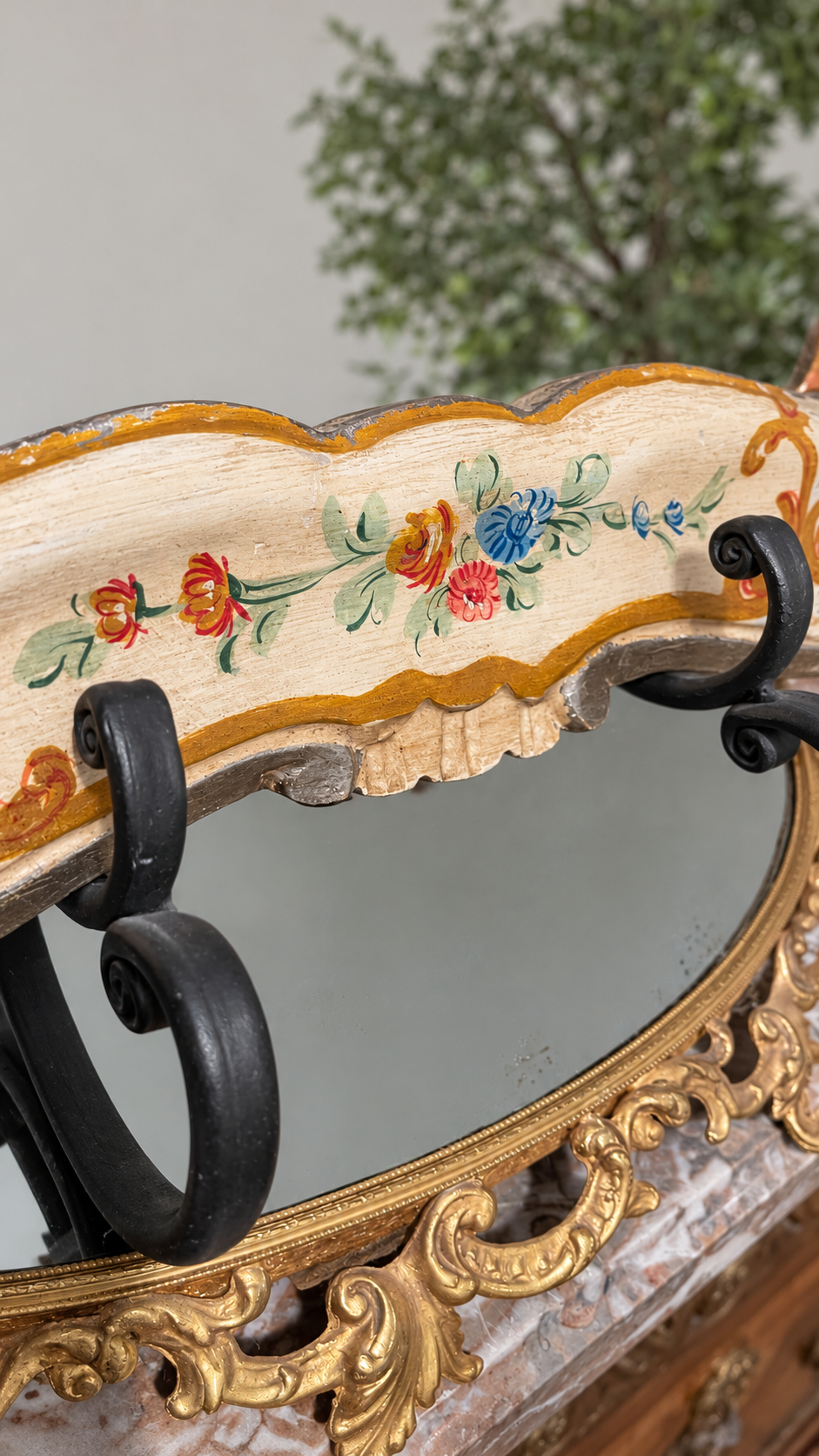 Antique Carved Wood Mirror with Hand-Painted Florals, Gilt & Silver Details