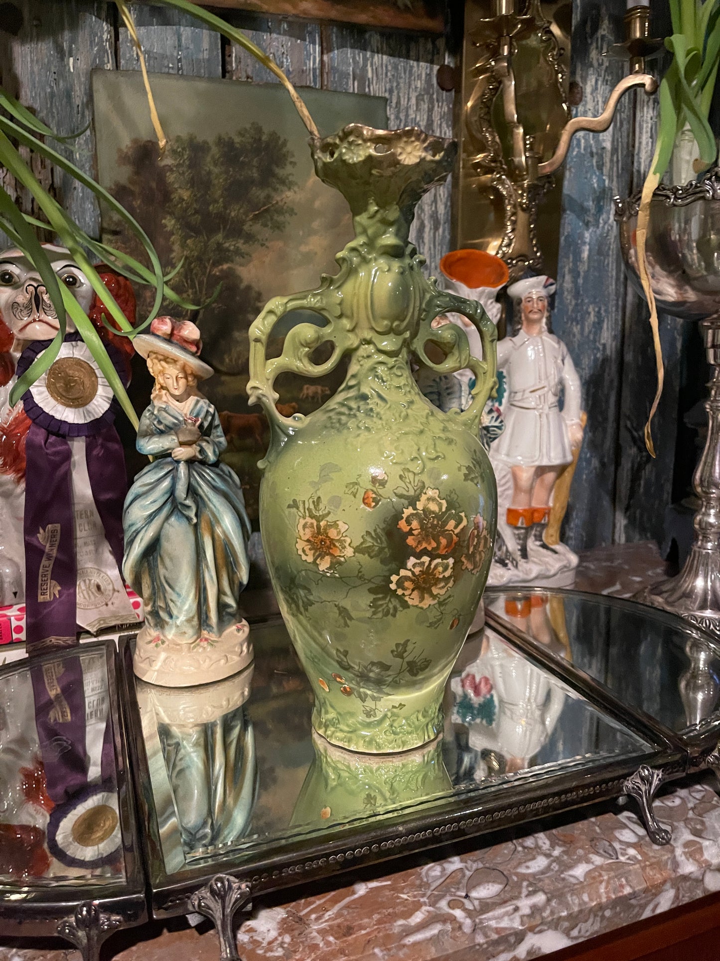 Antique Art Nouveau Green Floral Vase with Sculptural Handles | European Pottery, c. 1895–1915