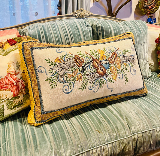 Vintage Musical Needlepoint Pillow with Blue Trim and Shantung Silk