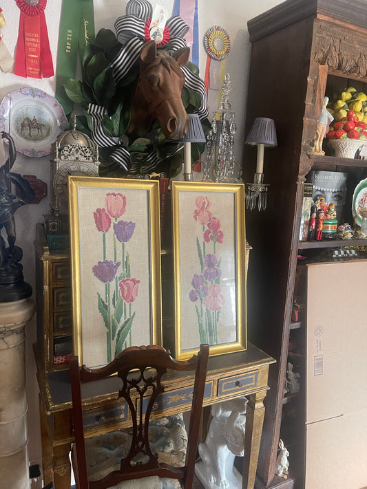 Vintage Framed Iris Cross Stitch – Hand-Embroidered in Lilac, Rose, and Plum