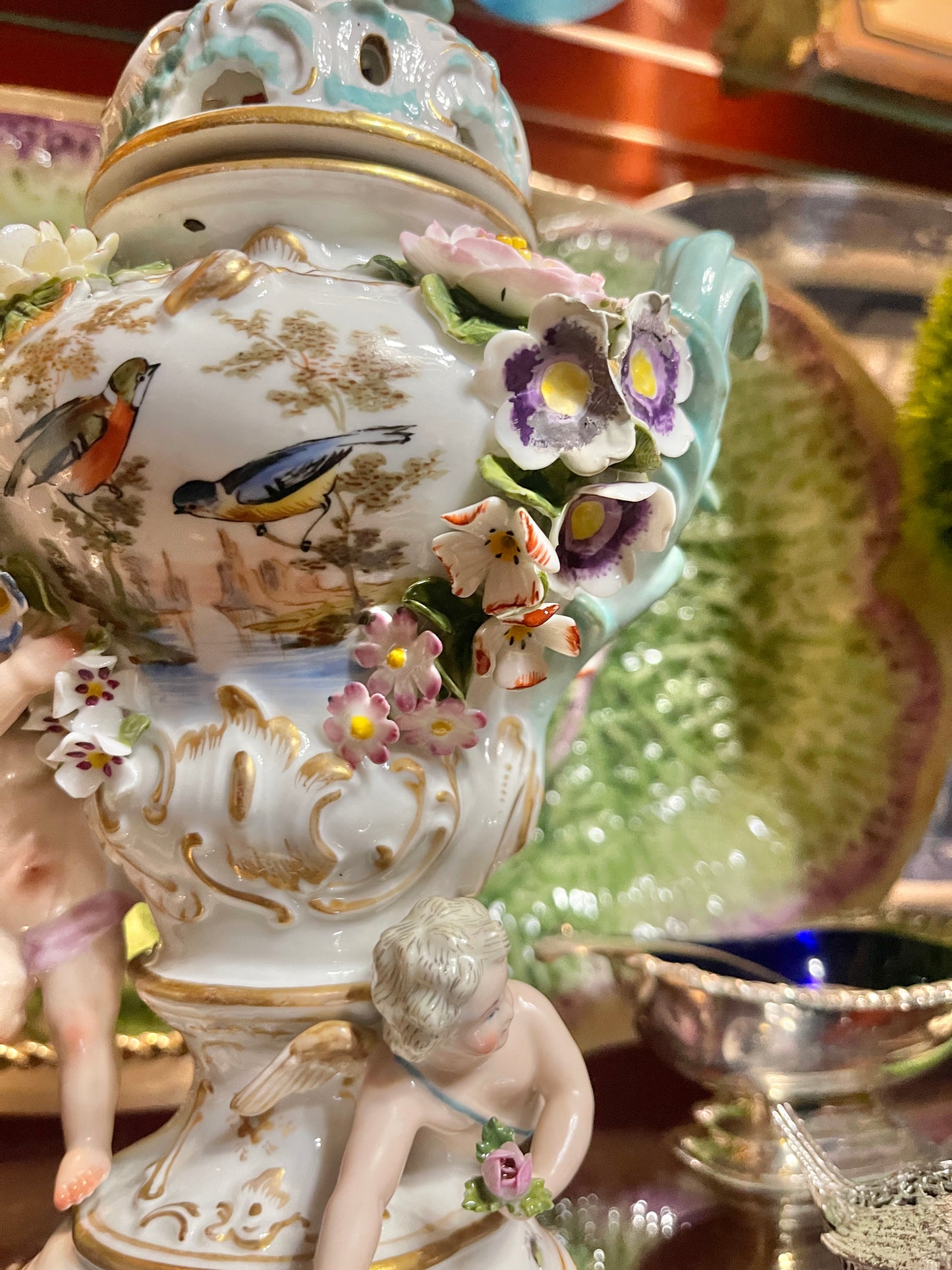Antique Meissen Potpourri Urn with Cherubs | Bird Scene Porcelain | Floral Encrusted | 11.5”