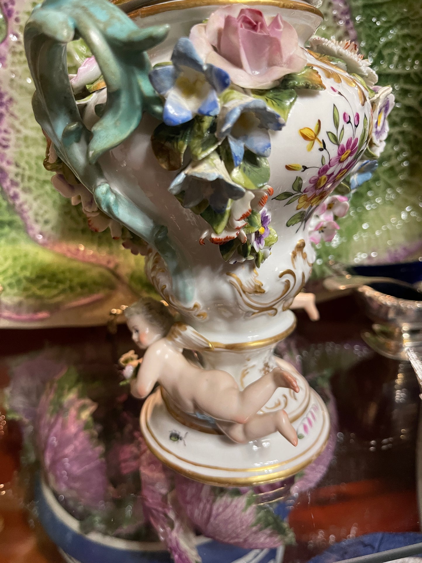 Antique Meissen Potpourri Urn with Cherubs | Bird Scene Porcelain | Floral Encrusted | 11.5”