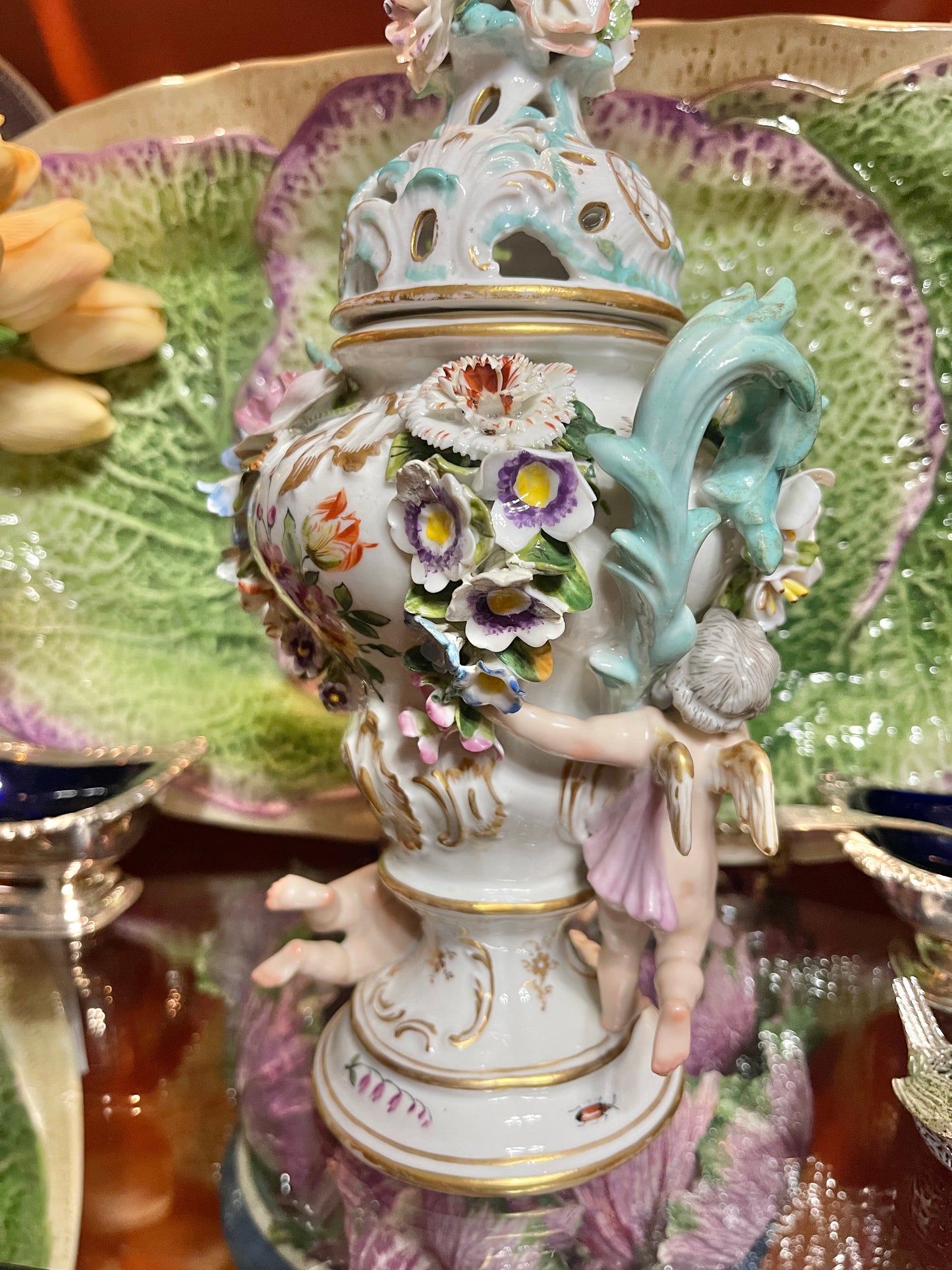 Antique Meissen Potpourri Urn with Cherubs | Bird Scene Porcelain | Floral Encrusted | 11.5”