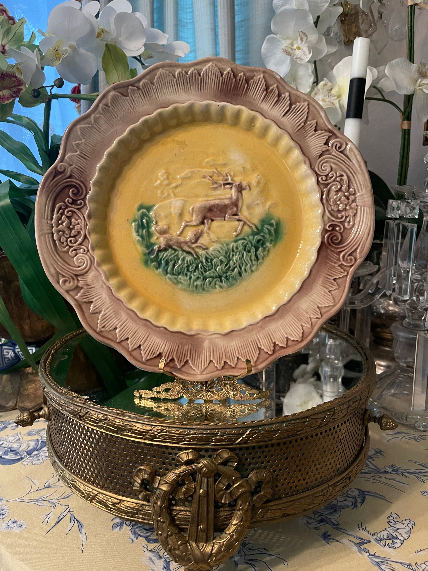 19th Century Majolica Plate – Stag & Hunting Dog Relief Scene