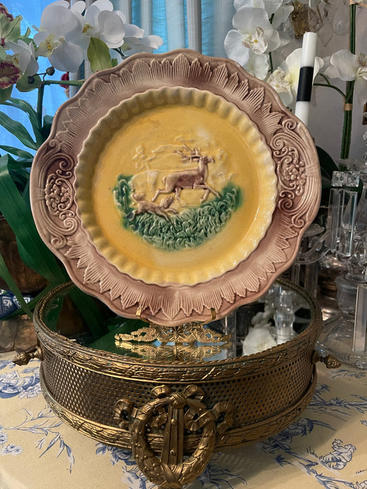 19th Century Majolica Plate – Stag & Hunting Dog Relief Scene