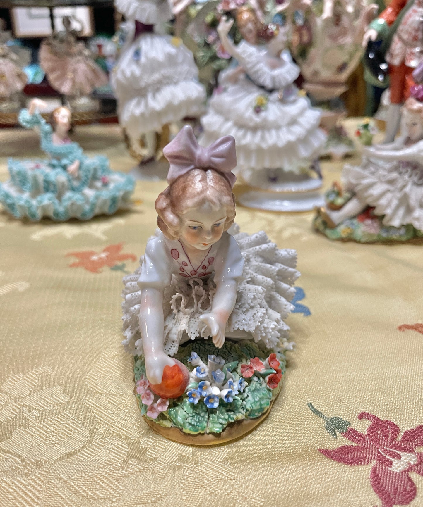 Vintage German Porcelain Dresden-Style Lace Playing Girl Figurine with Bow
