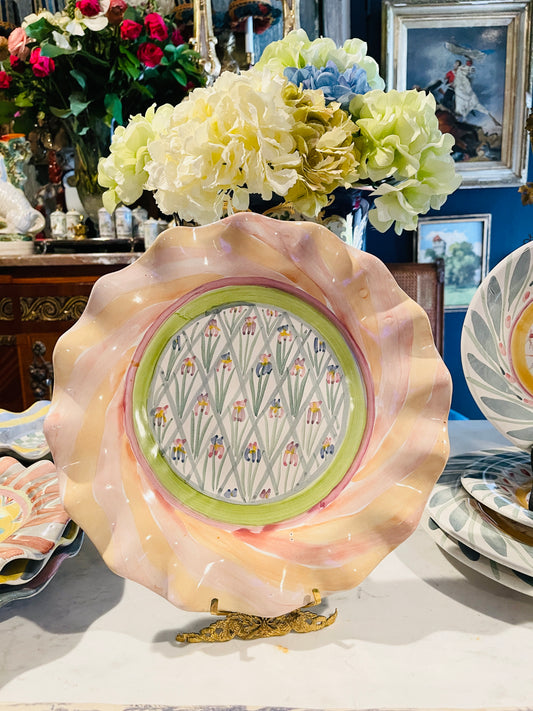 Bearded Iris, Vintage MacKenzie Childs Fluted Dinner Plate, Glazed Terracotta
