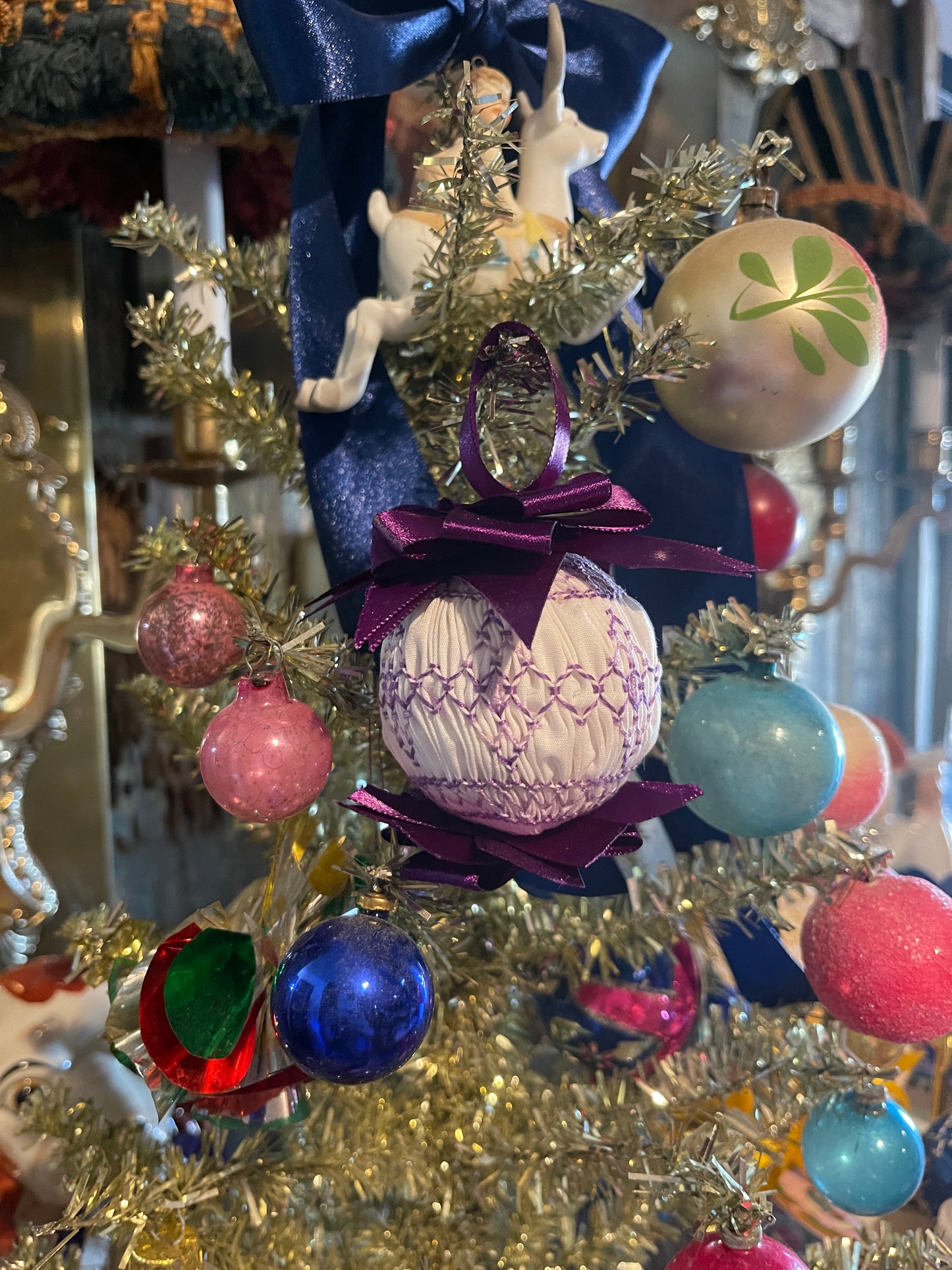 2” Purple and White Vintage Smocked Christmas Ornament