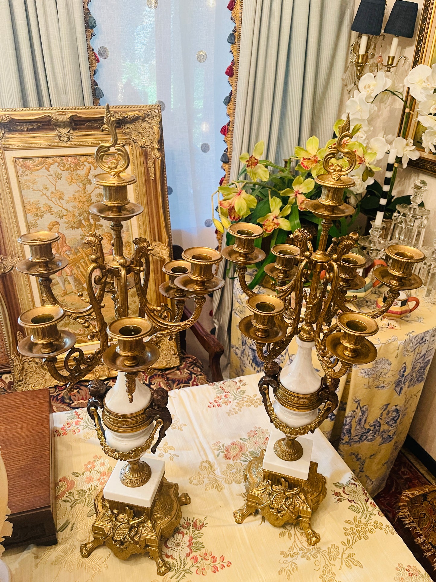 Italian Gilt and Cherub and Acanthus Alabaster Marble and Bronze Candelabras, Pair,