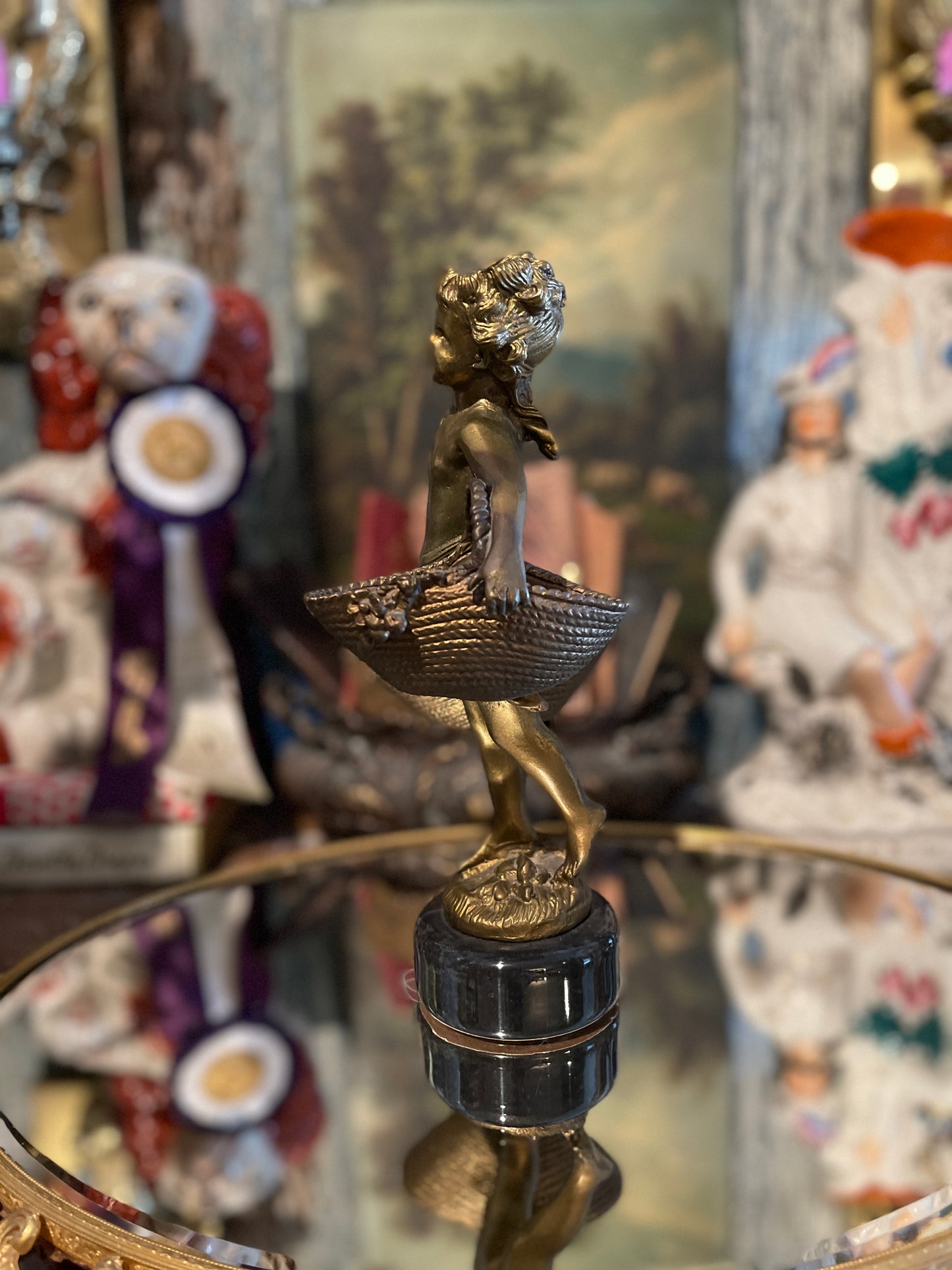 Patinaed Brass Figural Statue with Flower Baskets on Dark Marble Style Metal Base, Estate-Sourced, Vintage