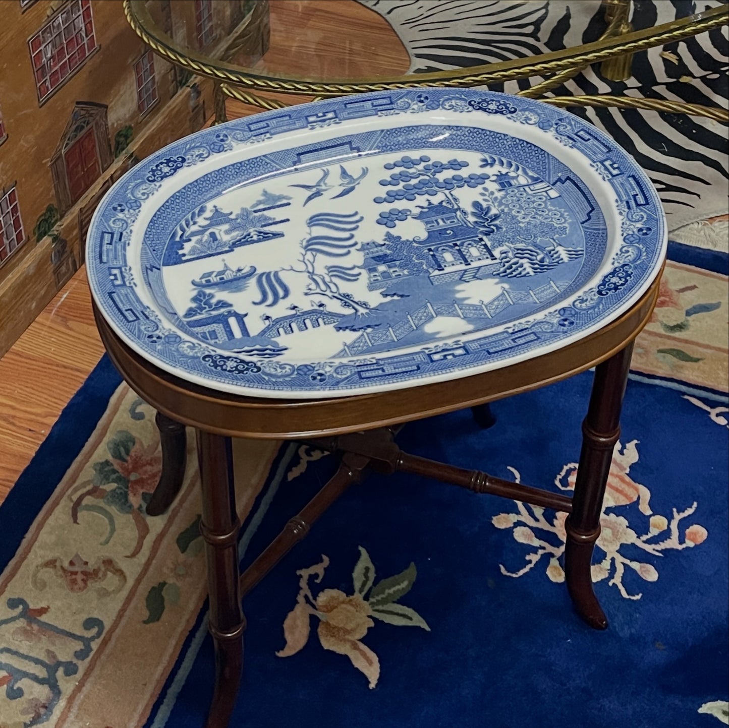 Wedgwood Blue Willow Platter Table with Vintage Faux-Bamboo Base, Chinoiserie Decor