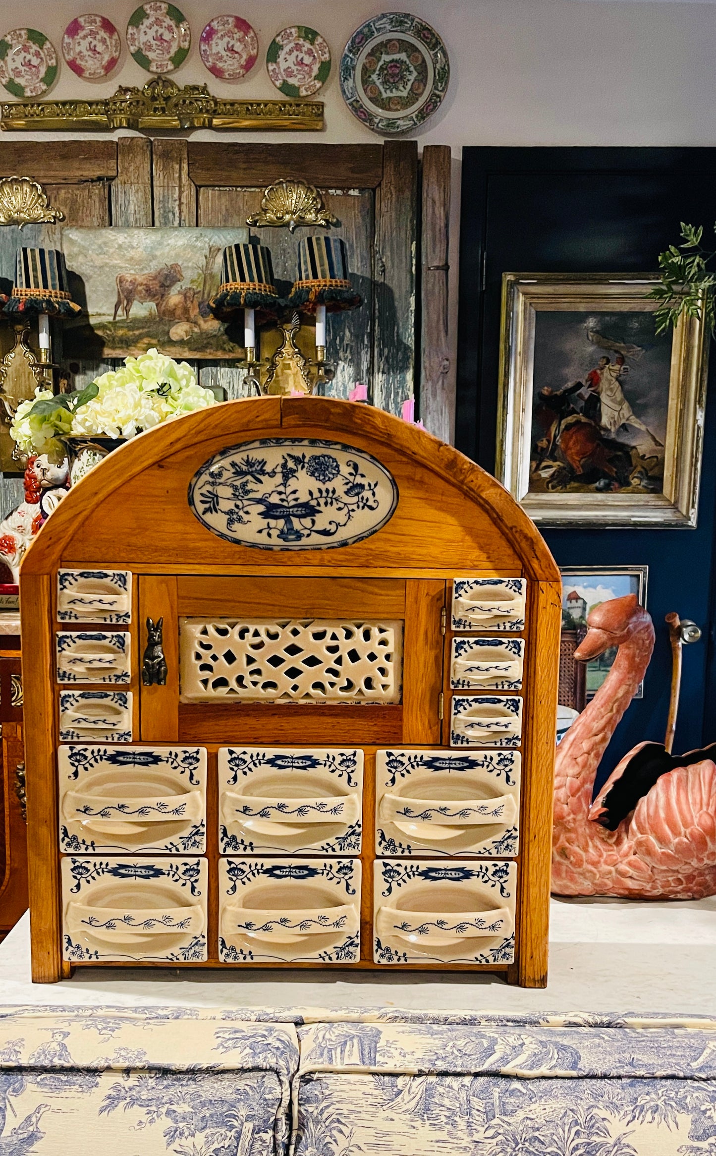 Early 20th-Century European Blue & White Ceramic Drawer Spice Cabinet | Blue Onion Style