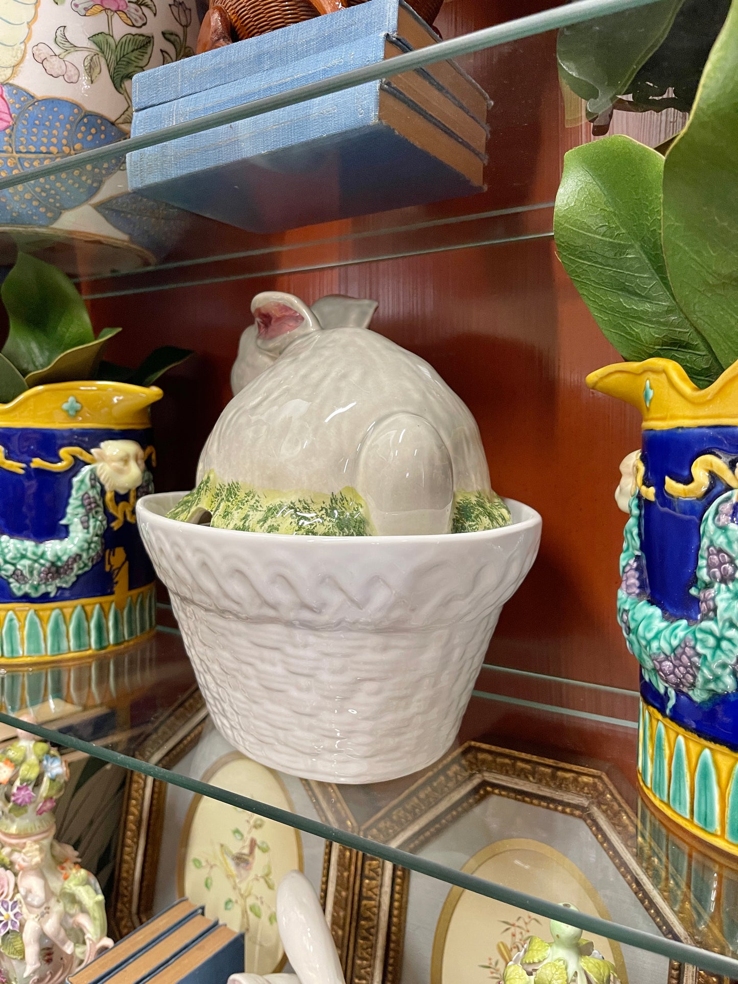 Vintage Olfaire Rabbit Tureen | Large Portuguese Majolica Bunny | Easter & Spring Statement Centerpiece