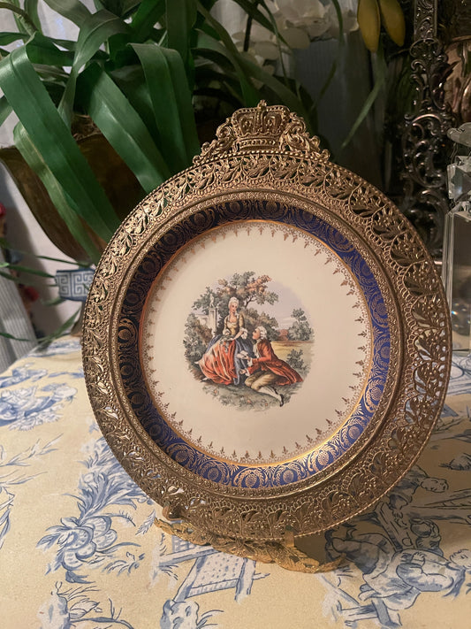Vintage Pastoral Courting Couple Plate with 22K Gold & Crown Topped Ornate Gilt Holder