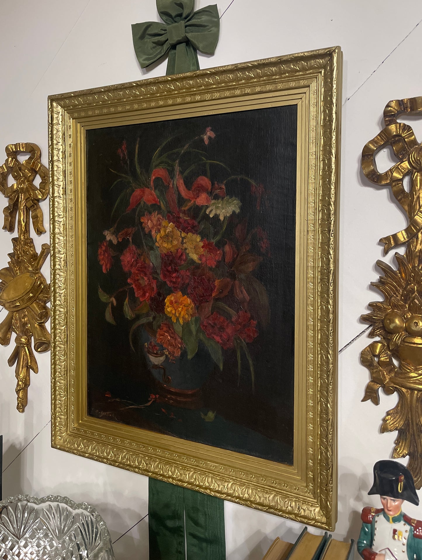 Moody Antique Floral Still Life Painting, Oil on Linen, Signed, Ornate Gold Frame