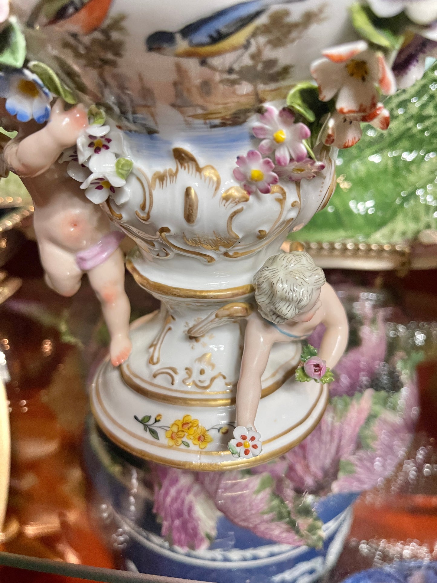 Antique Meissen Potpourri Urn with Cherubs | Bird Scene Porcelain | Floral Encrusted | 11.5”