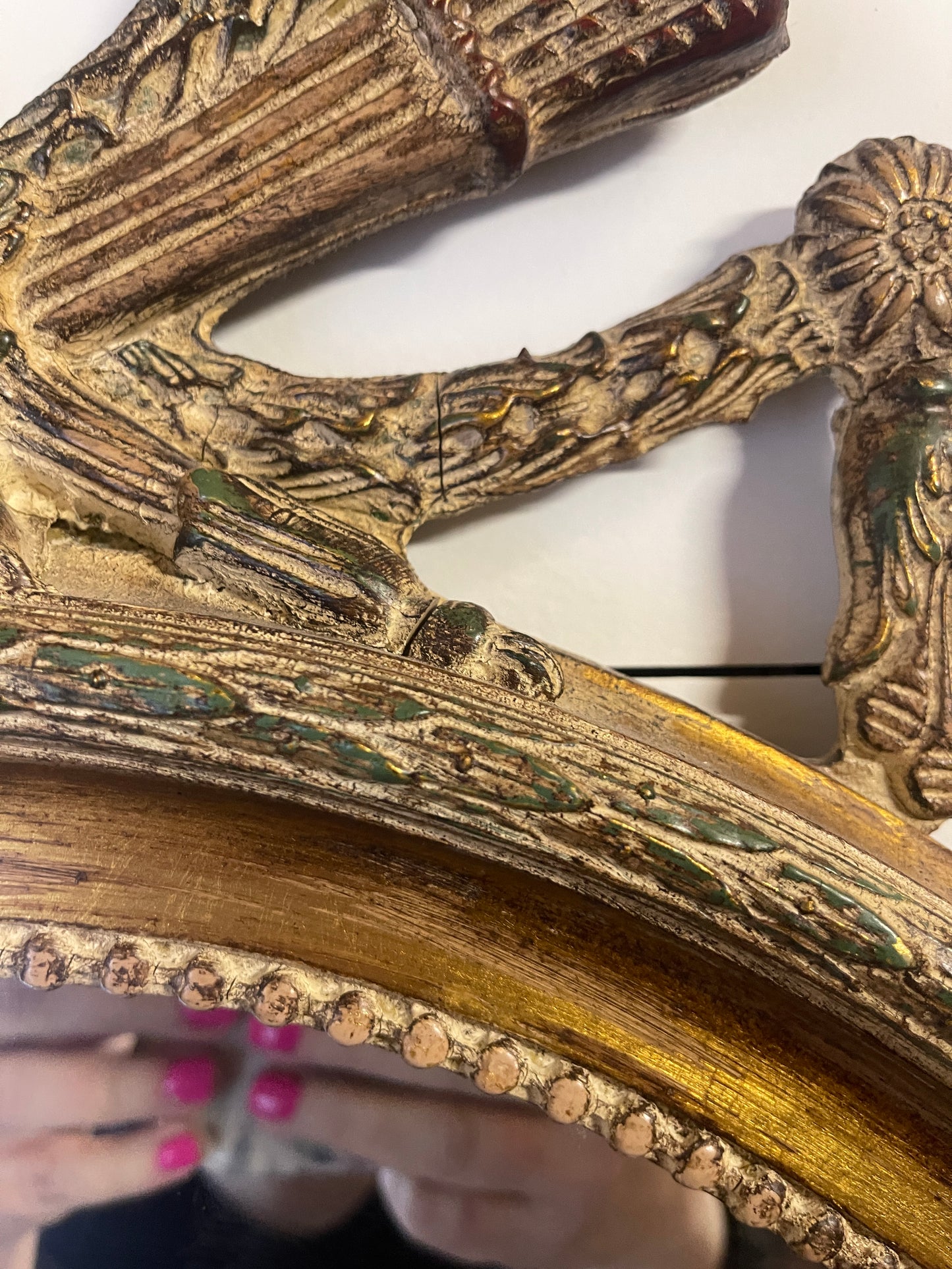 Vintage Empire Napoleon III Mirror with Carved Quiver and Torch, Laurel Wreath and Tassels, Jewel Toned Detail,