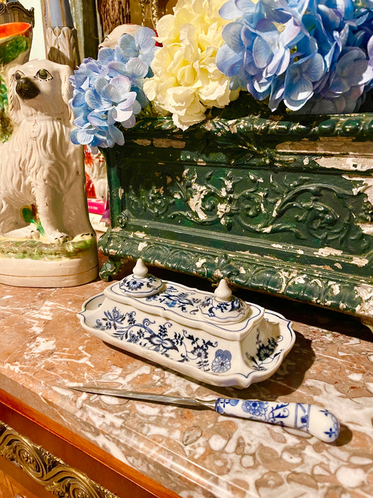 Vintage Royal Danube Blue & White Porcelain Double Inkwell Desk Set with Sheffield Letter Opener, Round Top Find