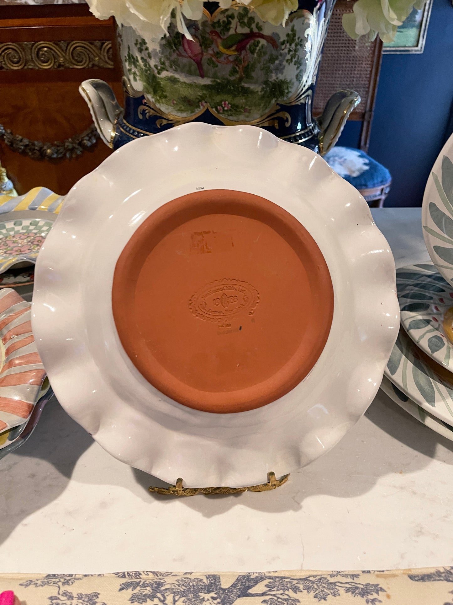 Bearded Iris, Vintage MacKenzie Childs Fluted Dinner Plate, Glazed Terracotta