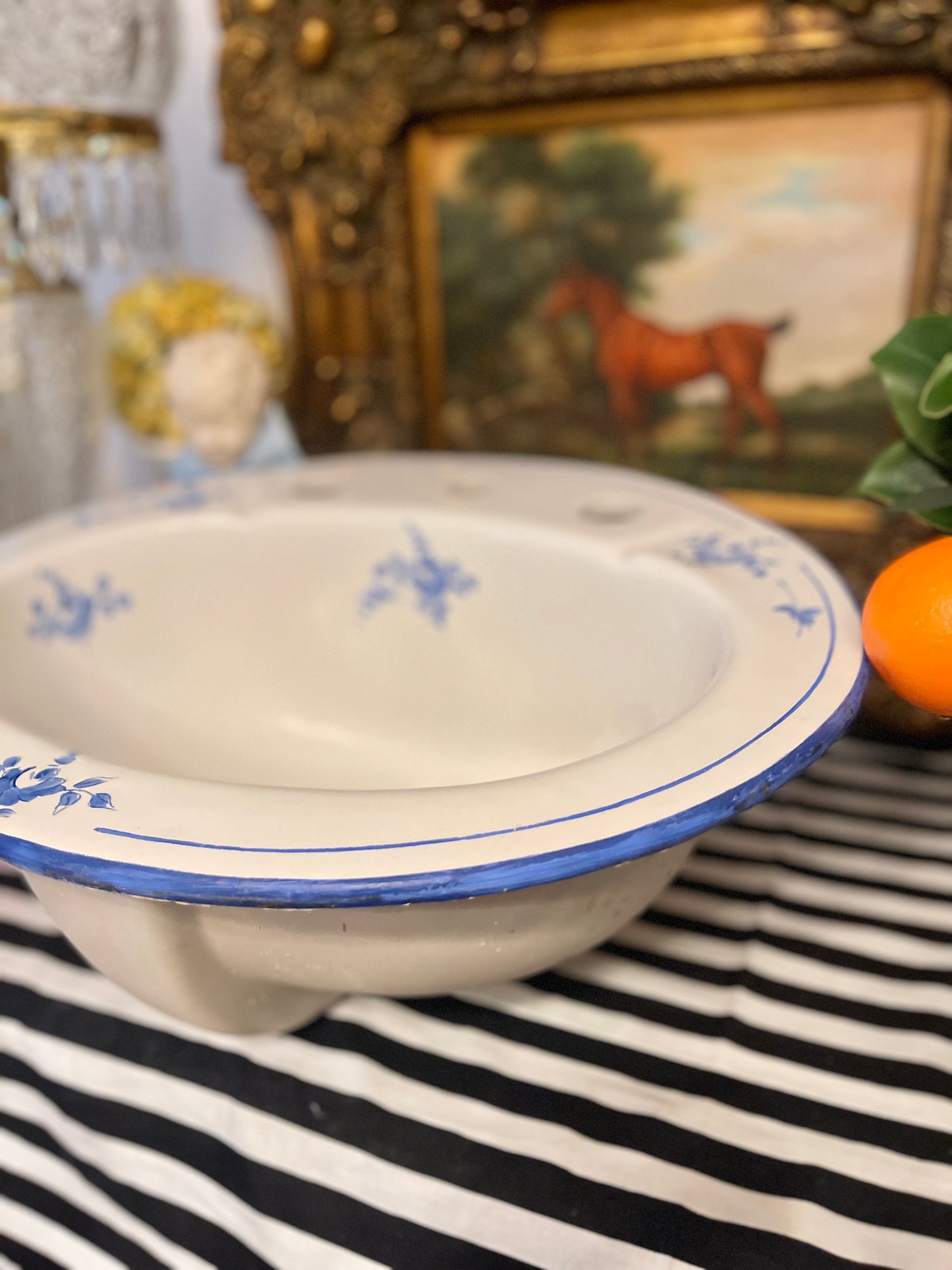 Blue and White Vintage Porcelain Vanity Sink, Hand Painted