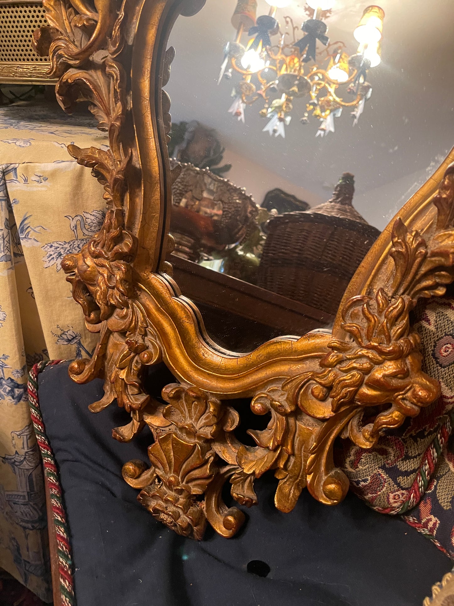 Monumental Neoclassical Rococo Giltwood Mirror with Figural Cornucopia Motifs