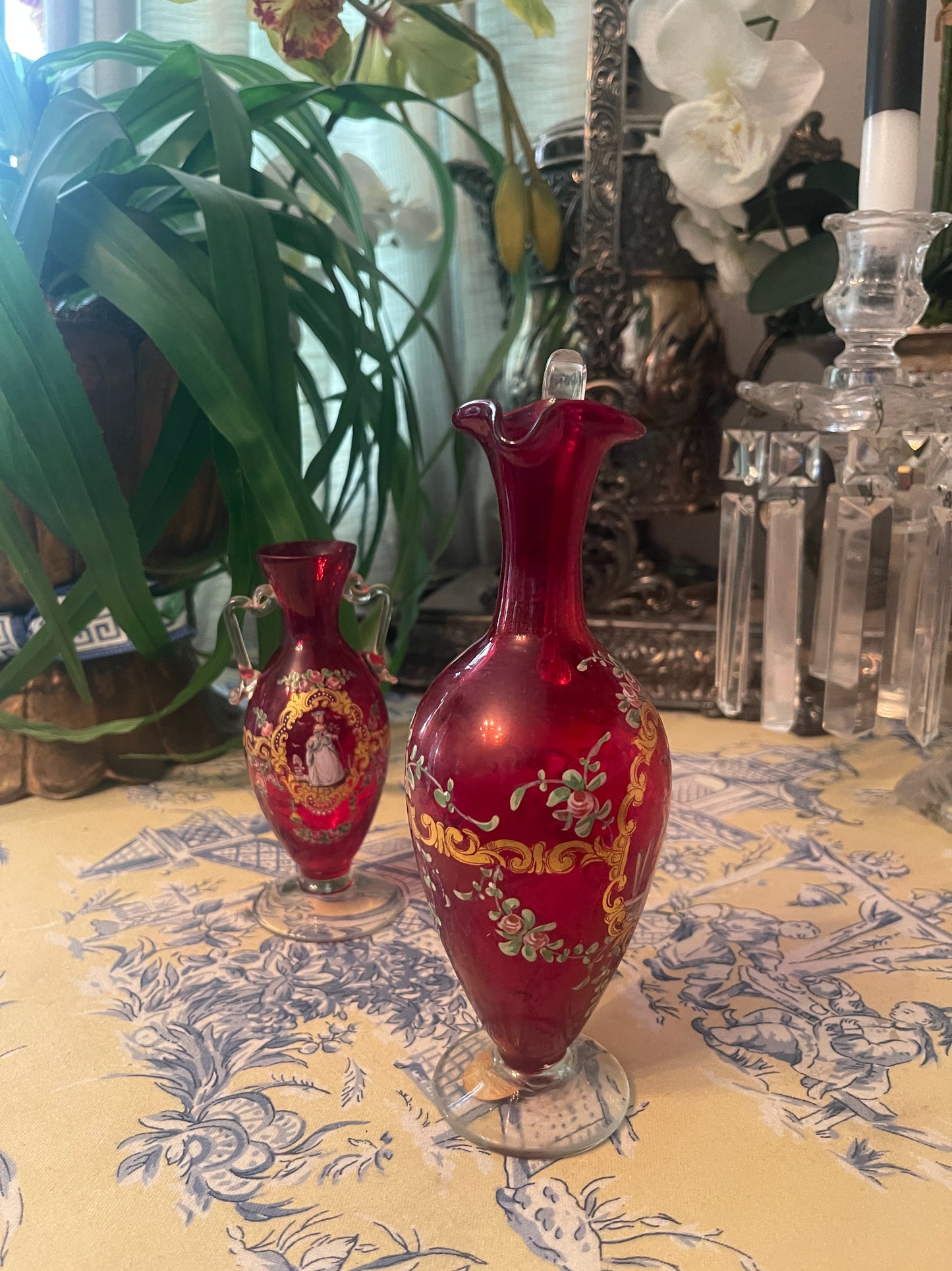 Murano Ruby Romance – Antique Venetian Glass Ewer with Lady & Tall Ship Scene- Monte Vista Estate